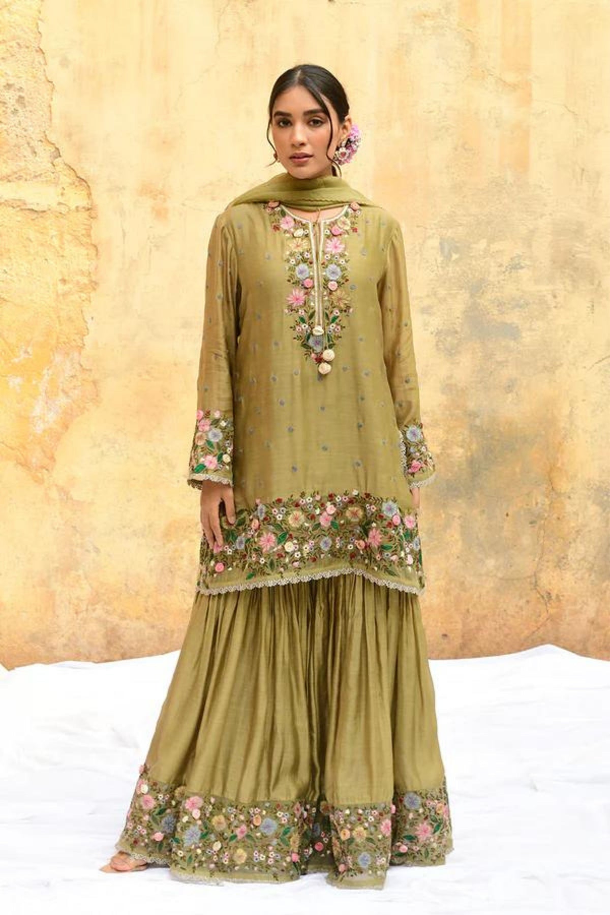 Olive Green Orchid Sharara Set