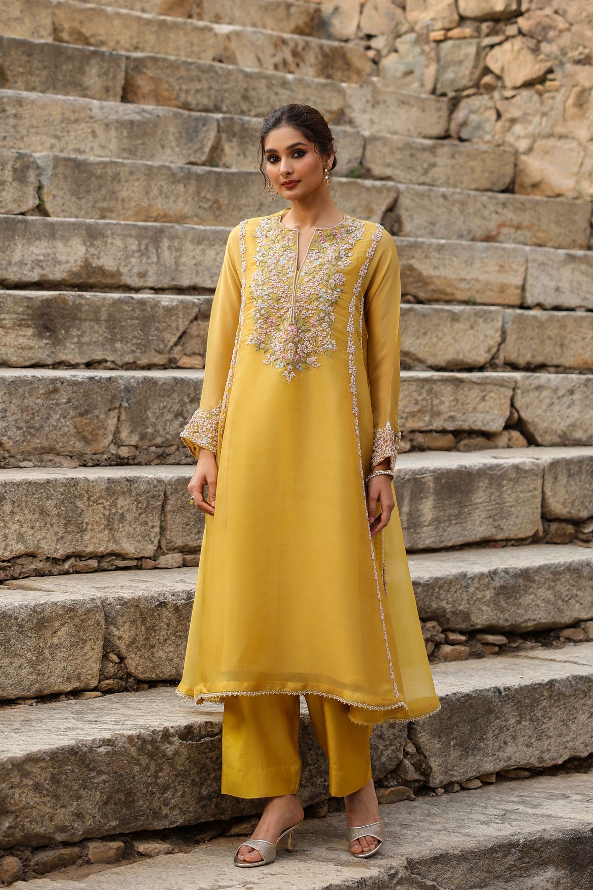 Vaayu Yellow Heavy Pheran Kurta Set