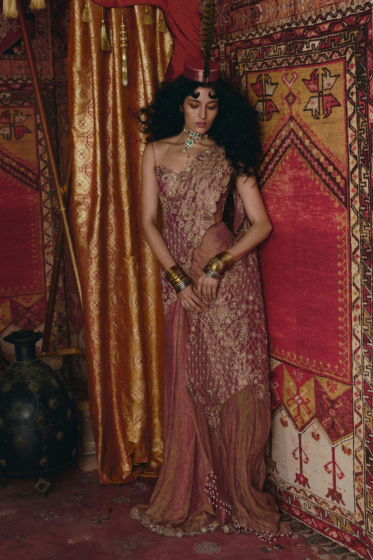 Blush Pink Drape Saree Set