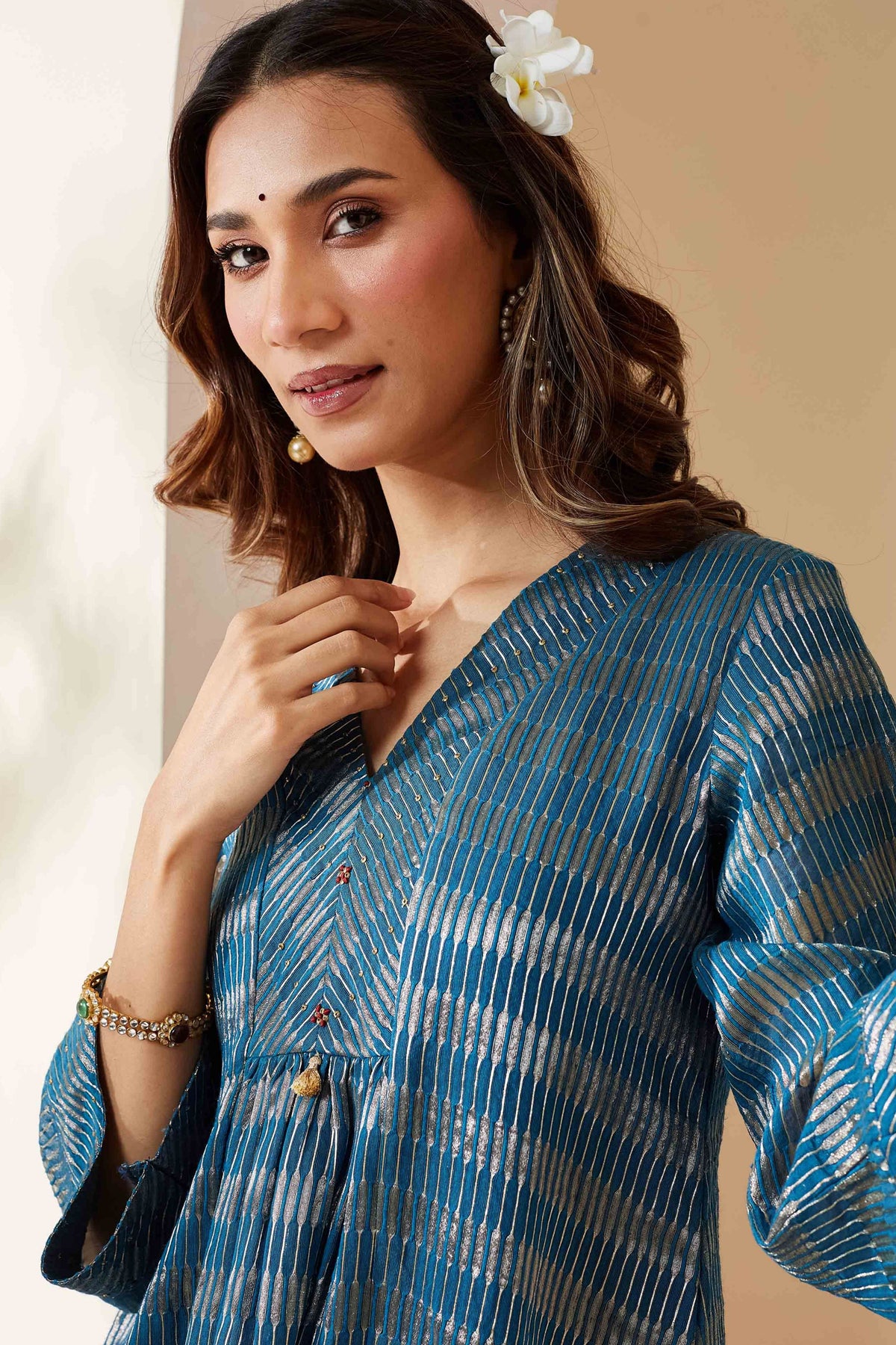 Blue Zari Stripe Kurta Set
