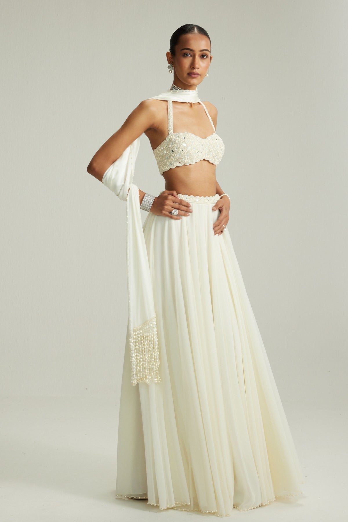 Halter Neck Blouse Off White Skirt Set