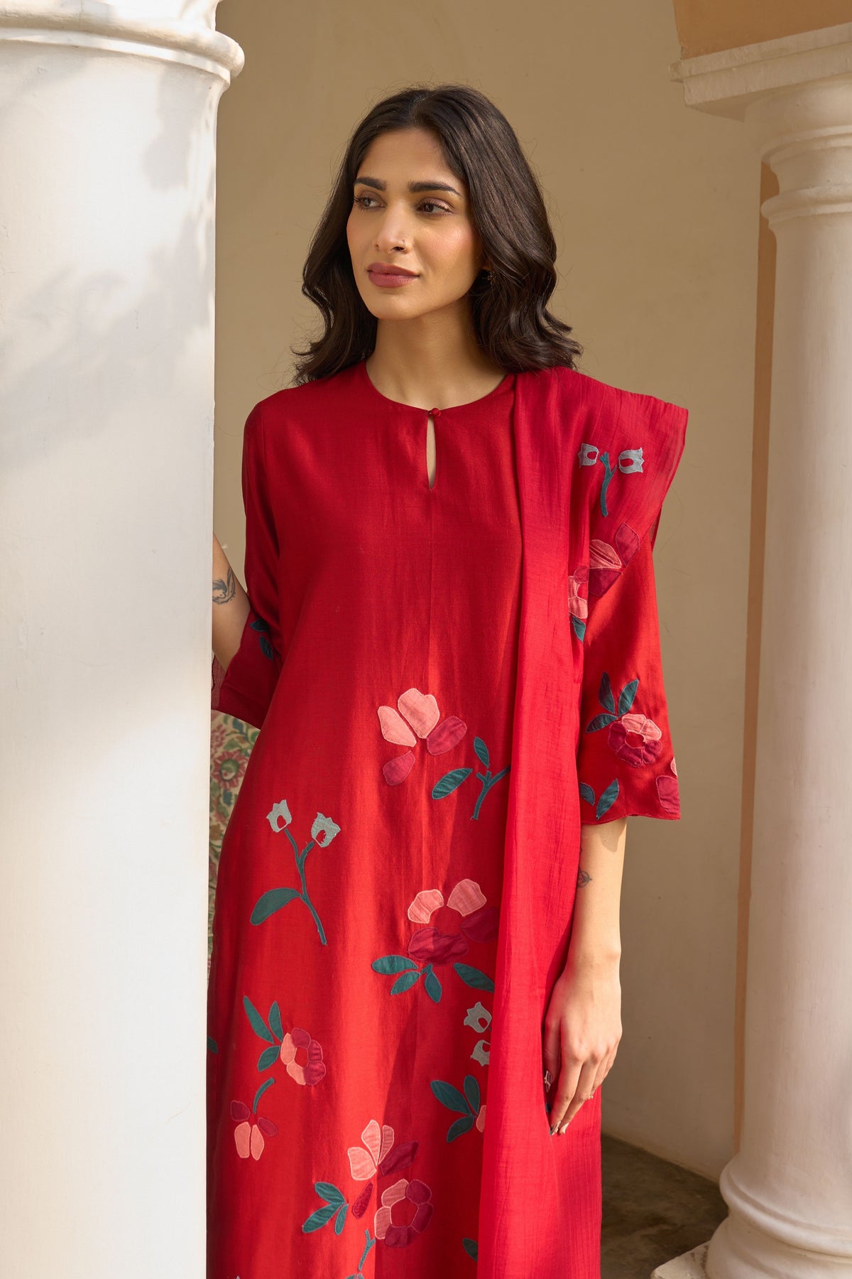 Cherry Red Applique Kurta Set