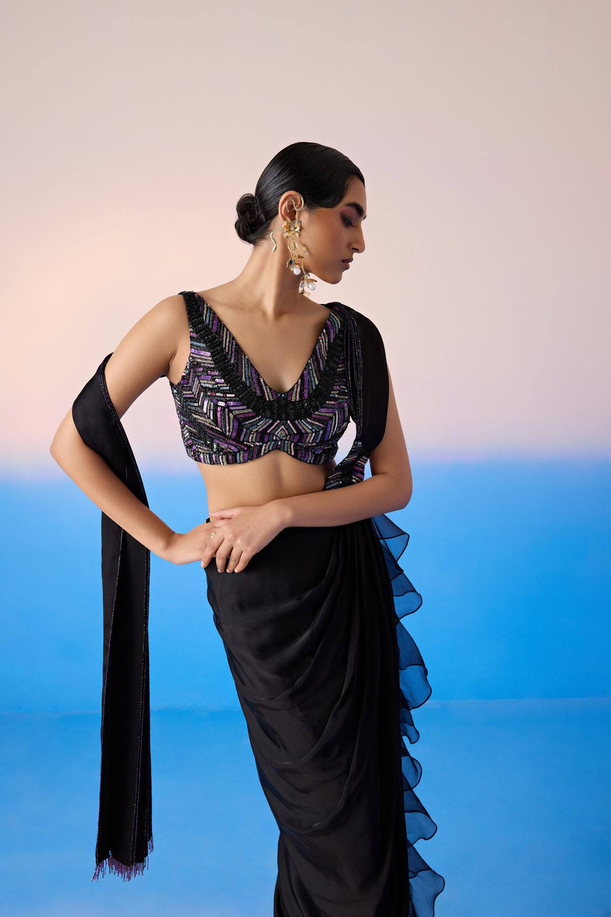 Black Draped Saree Set