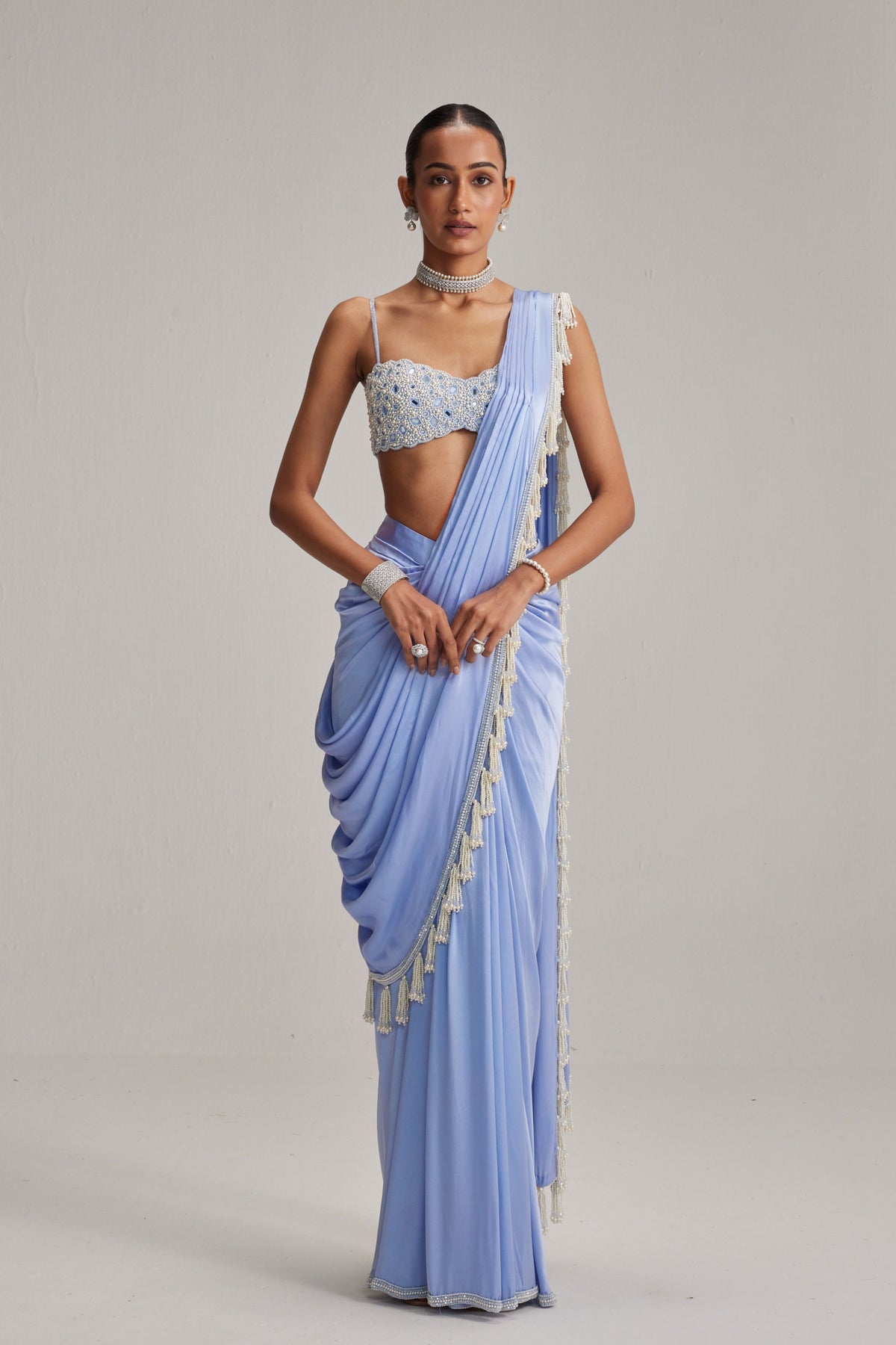 Dew Blue Satin Draped Saree Set