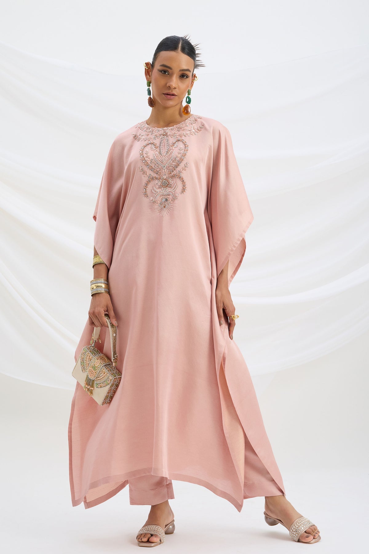 Peach Pink Embroidered Kaftan Set