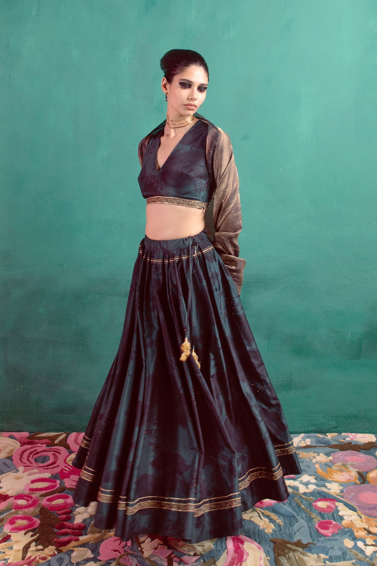 Myrtle Green Hand Embroidered Lehenga