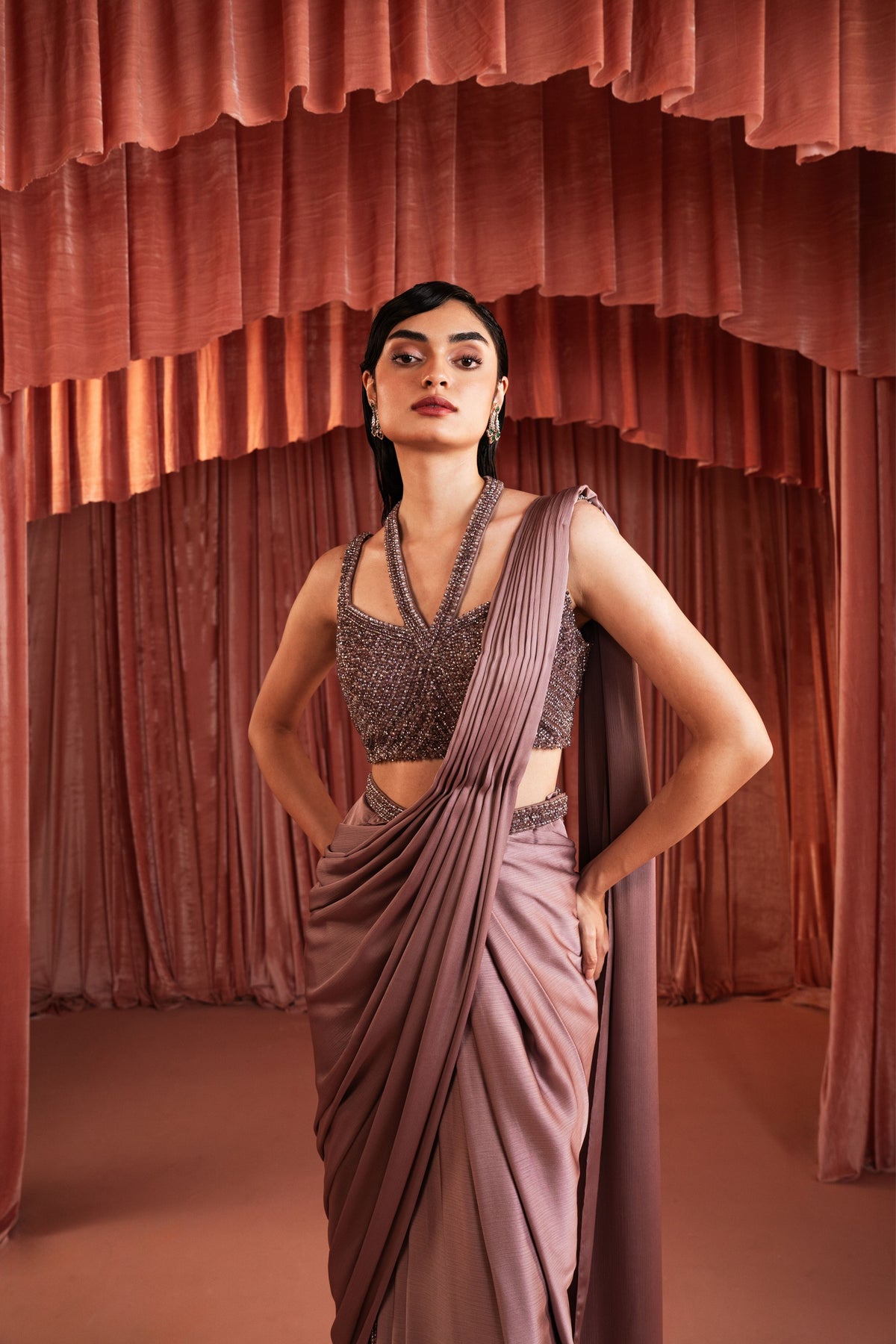 Purple Beaded Draped Saree Set