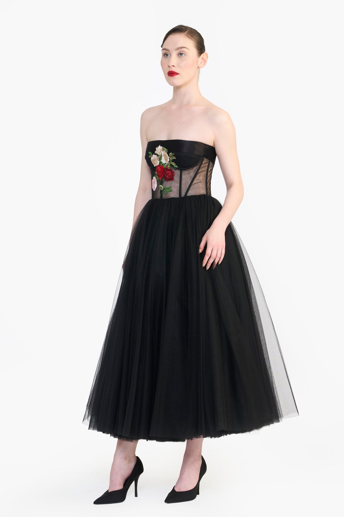 Tulle Midi With Floral Embroidery