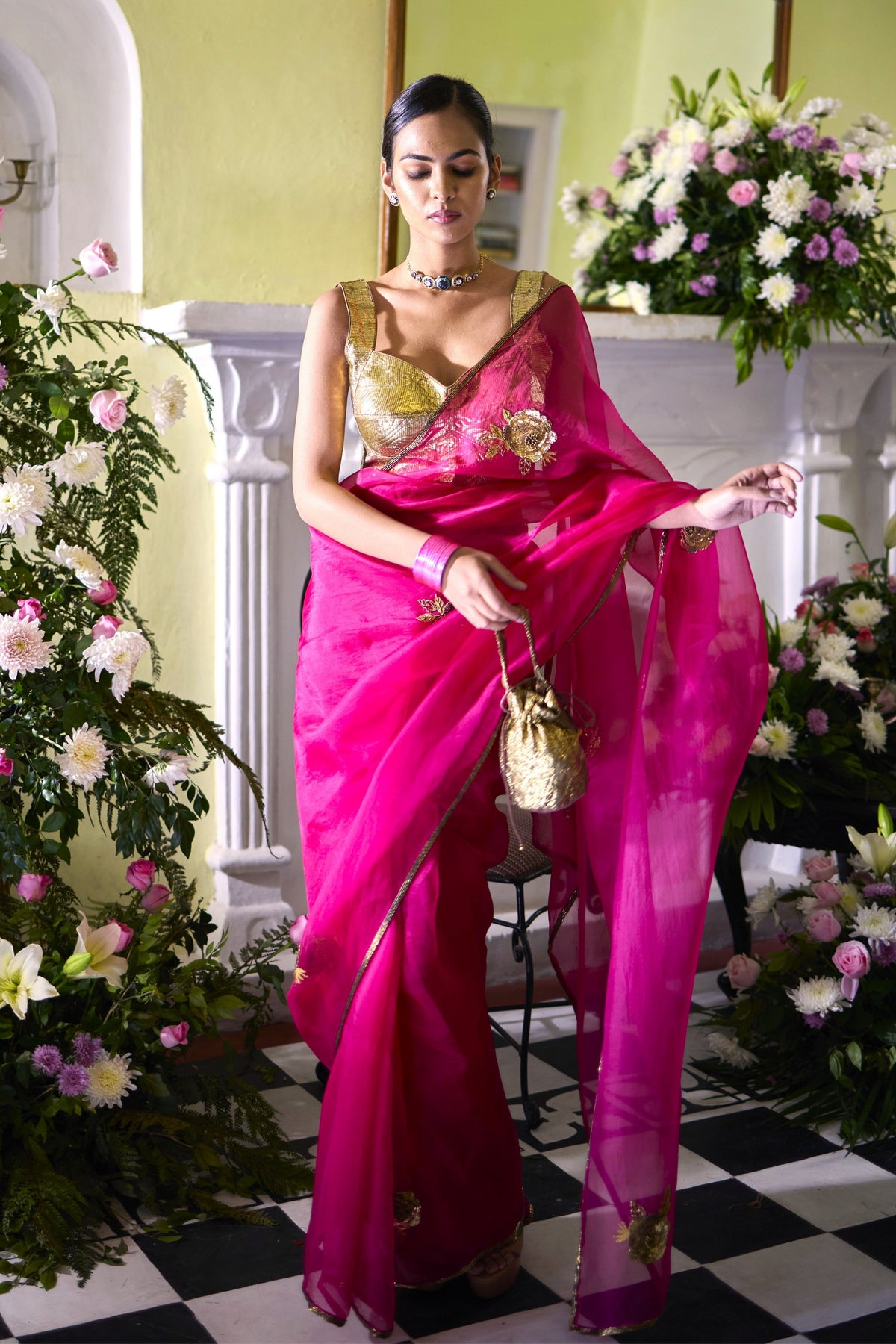 Pink Gold Saree Set