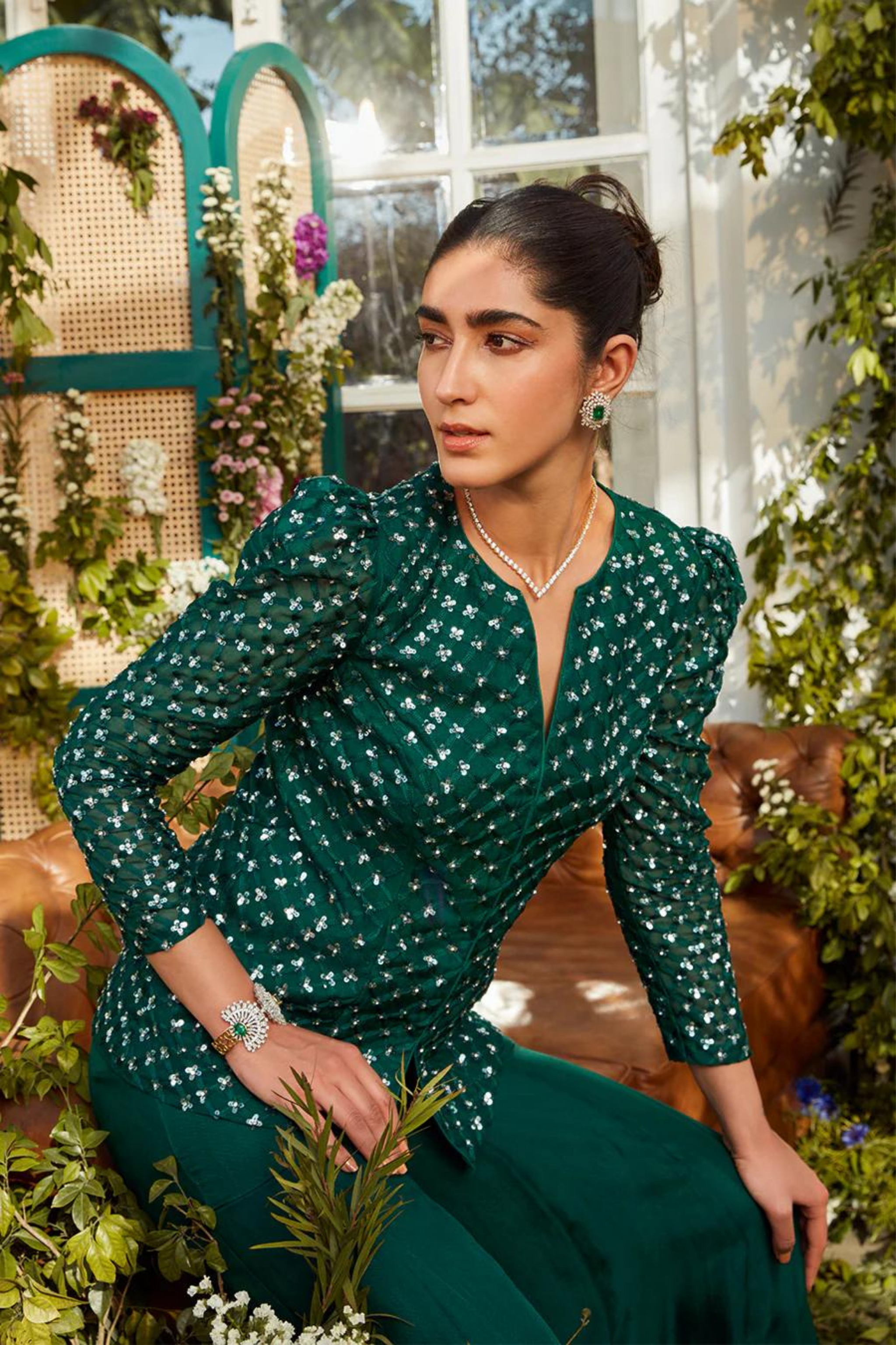 Rococo - Green short jacket sharara - Elahe Rococo - Green short jacket sharara - Elahe