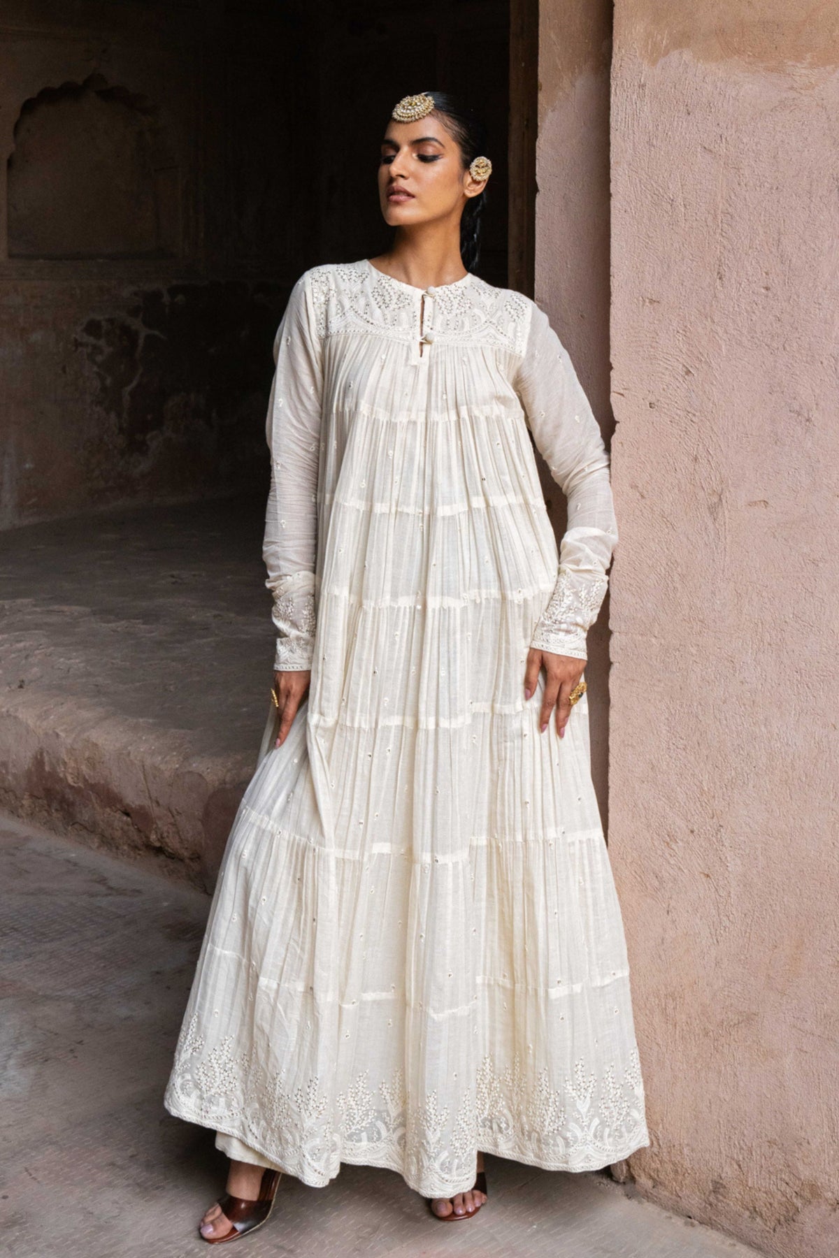 Off White 8 Layer Forest Anarkali Set