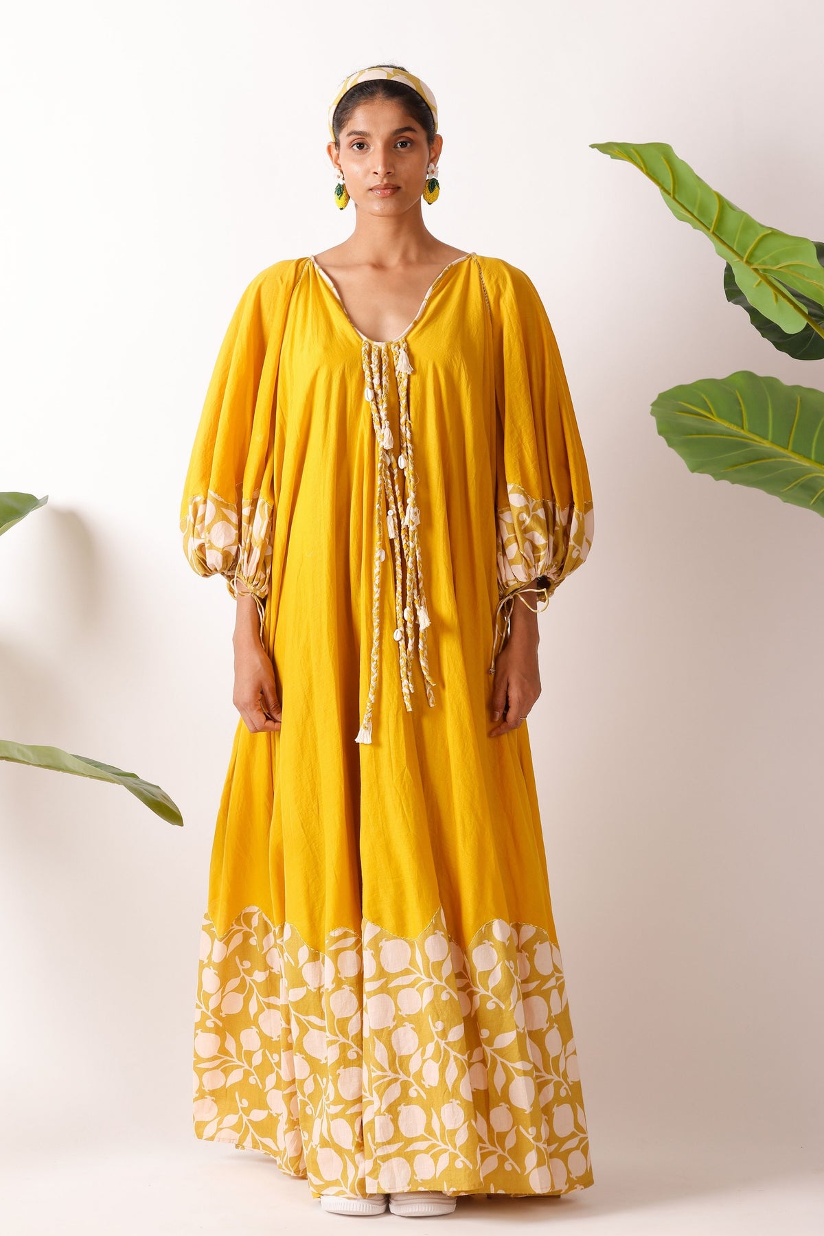 Pomegranate Print Yellow Maxi Dress