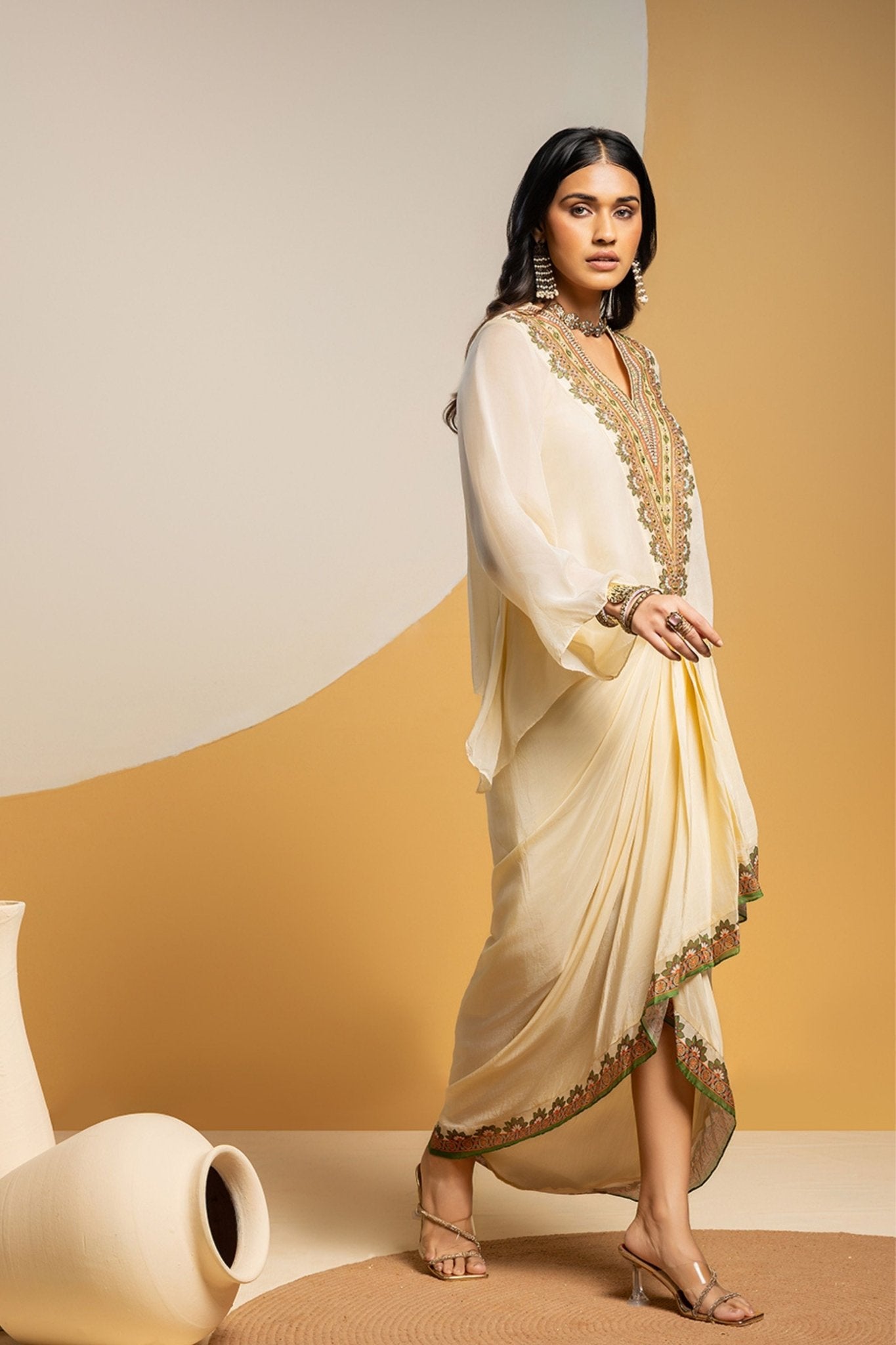 Off White Embellished Drape Skirt Set - Sougat Paul - Elahe