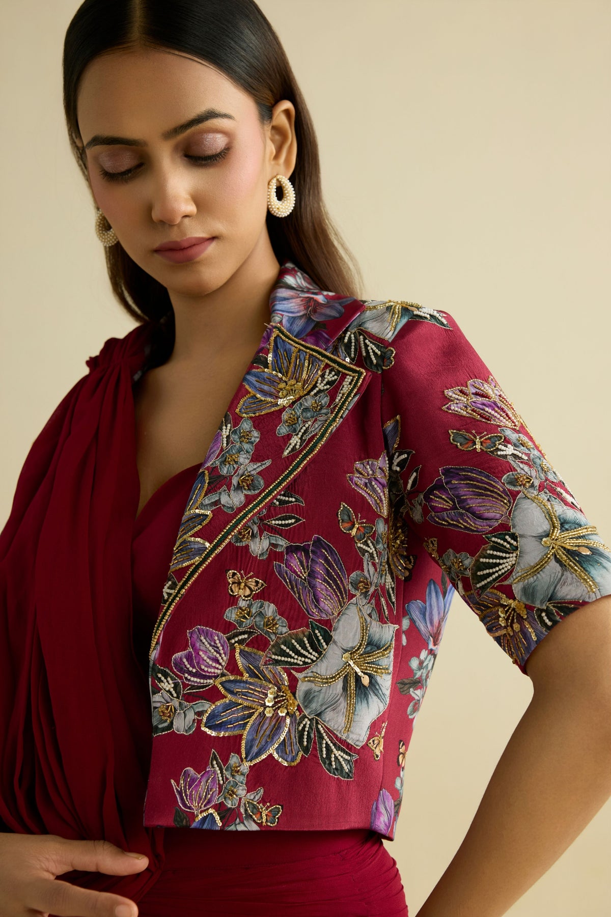 Maroon Pre-draped Saree Set