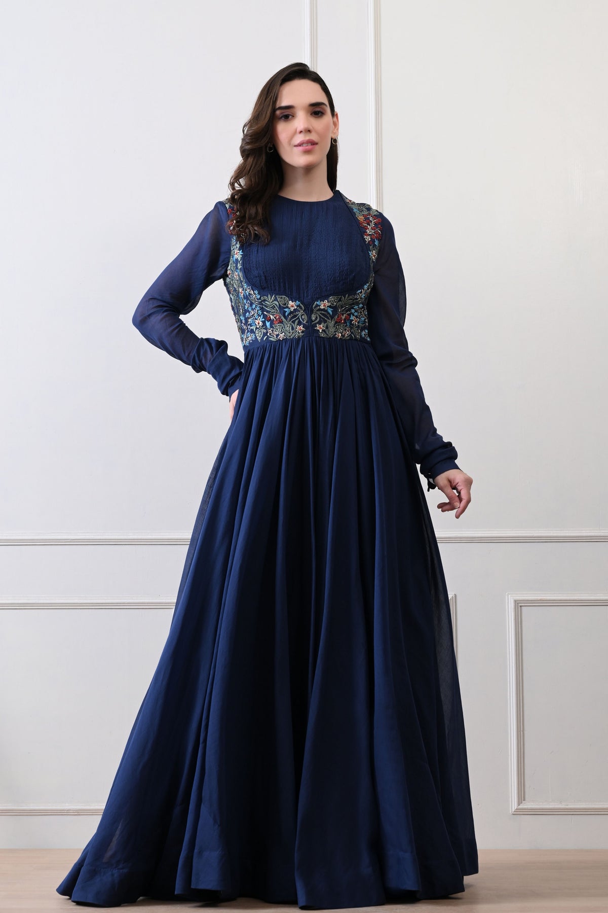 Blue Pintuck Bodice Embroidered Anarkali