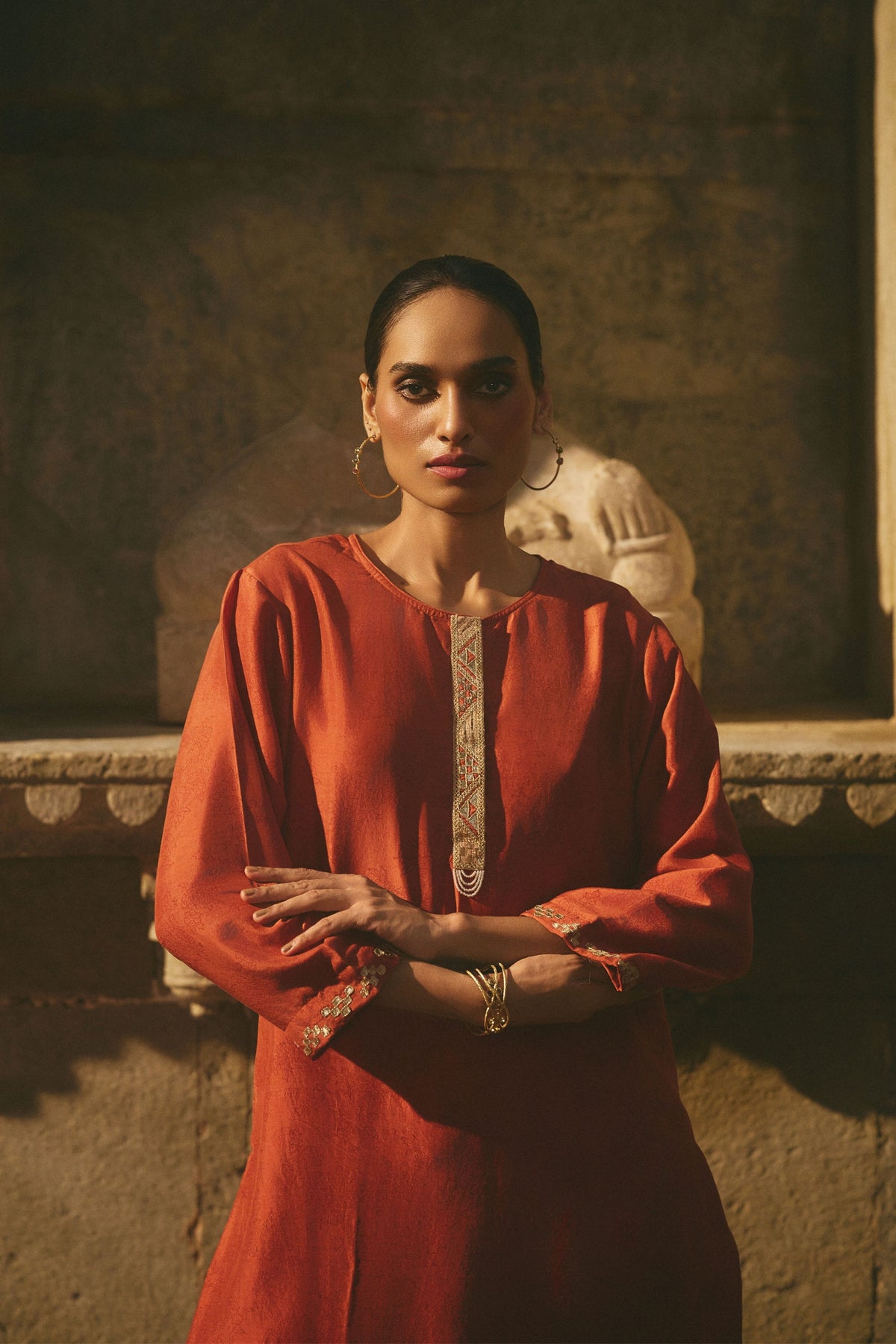 Red Printed Silk Kurta
