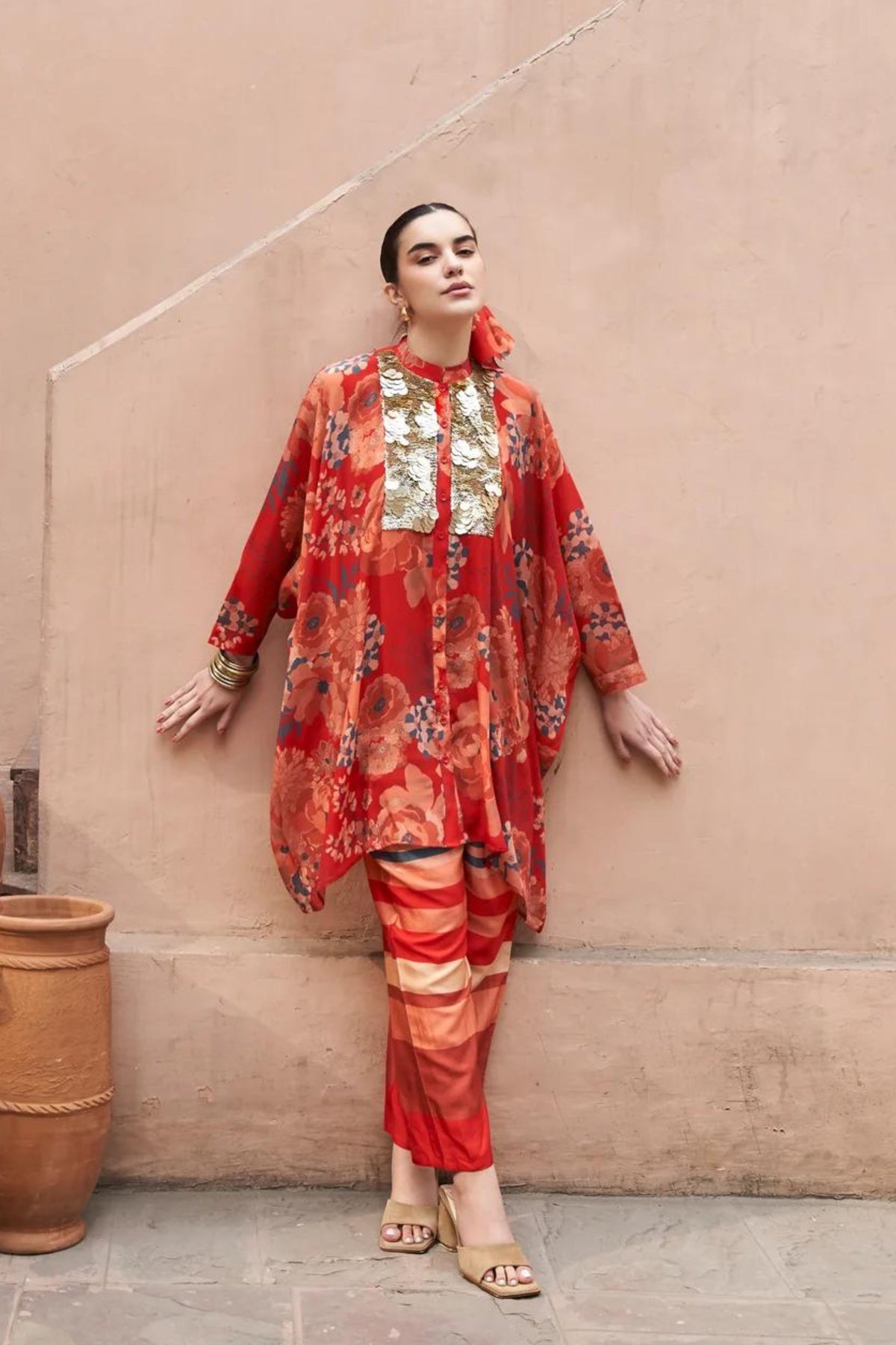 Red Moroccan Coin Yoke Co-ord Set