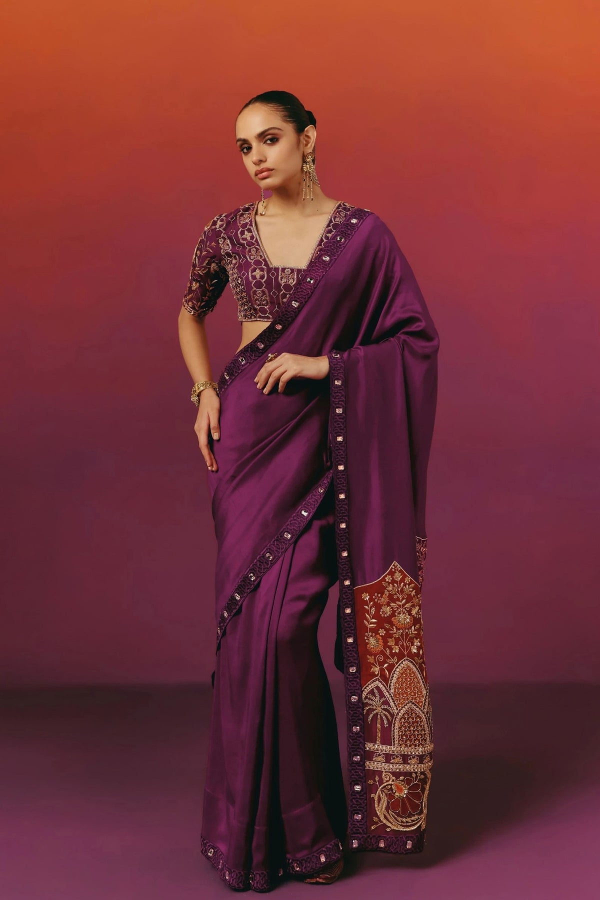 Embroidered Purple Saree Set