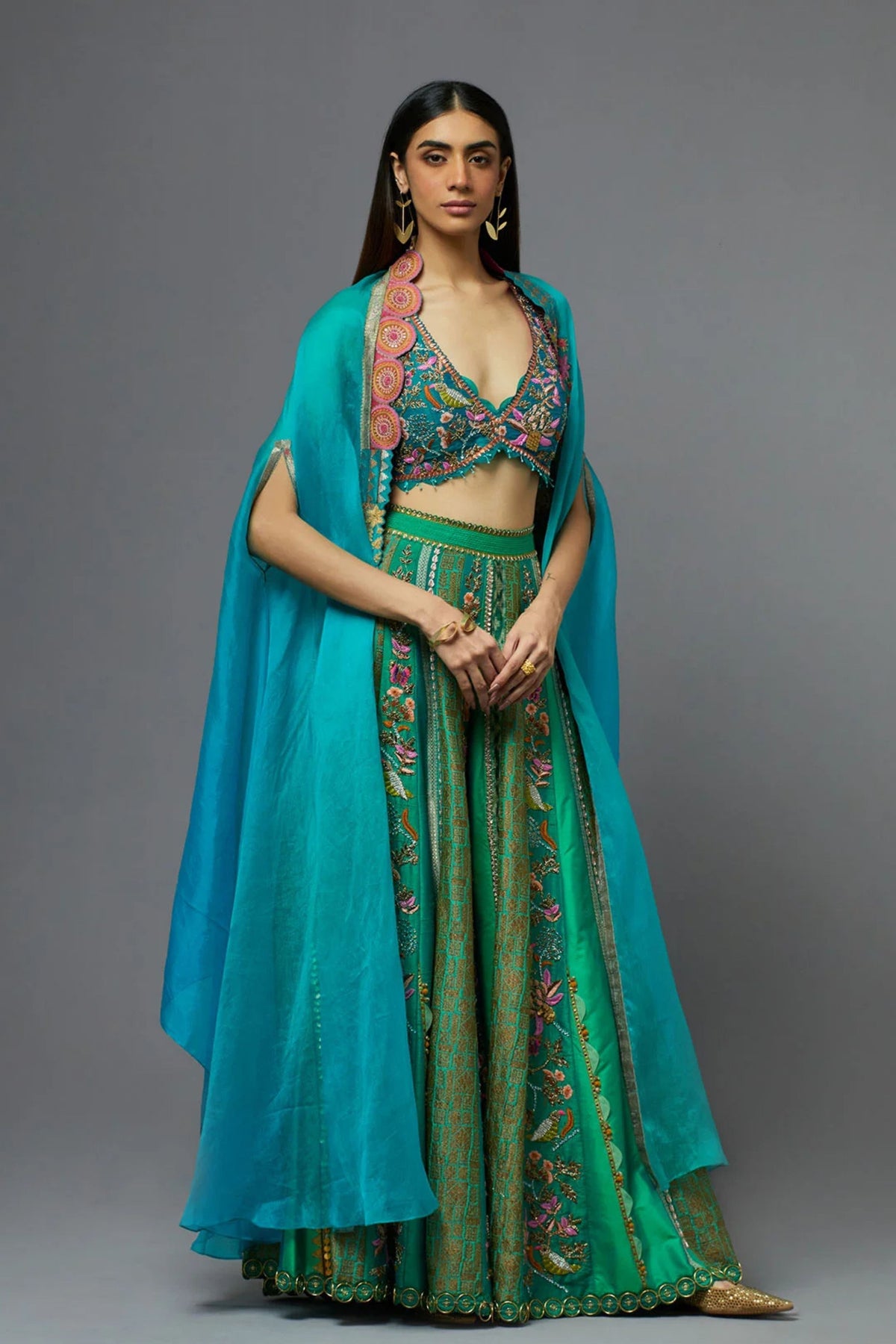 Turquoise and Green Sharara Set