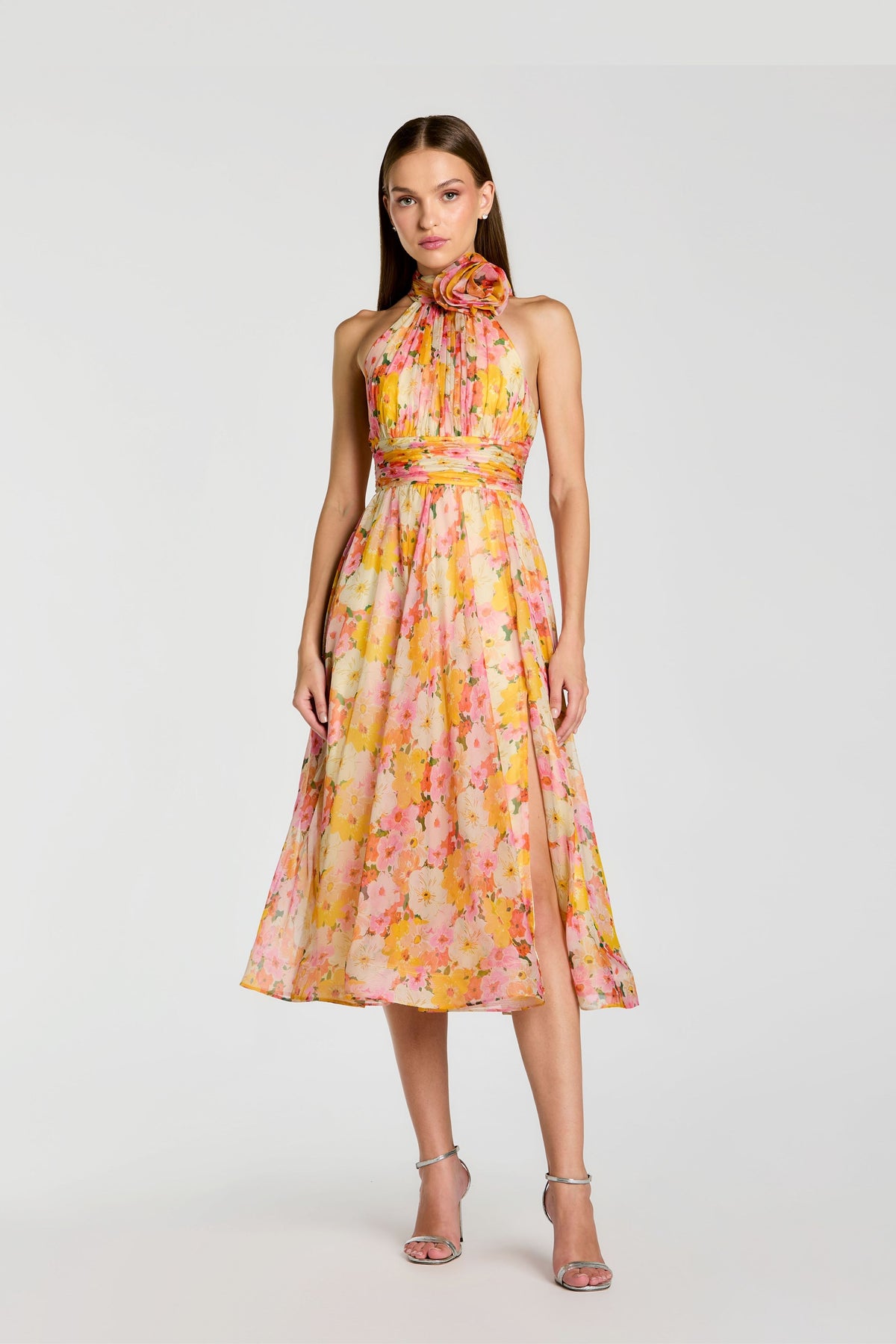 Floral Halter Neck Dress With 3d Flower