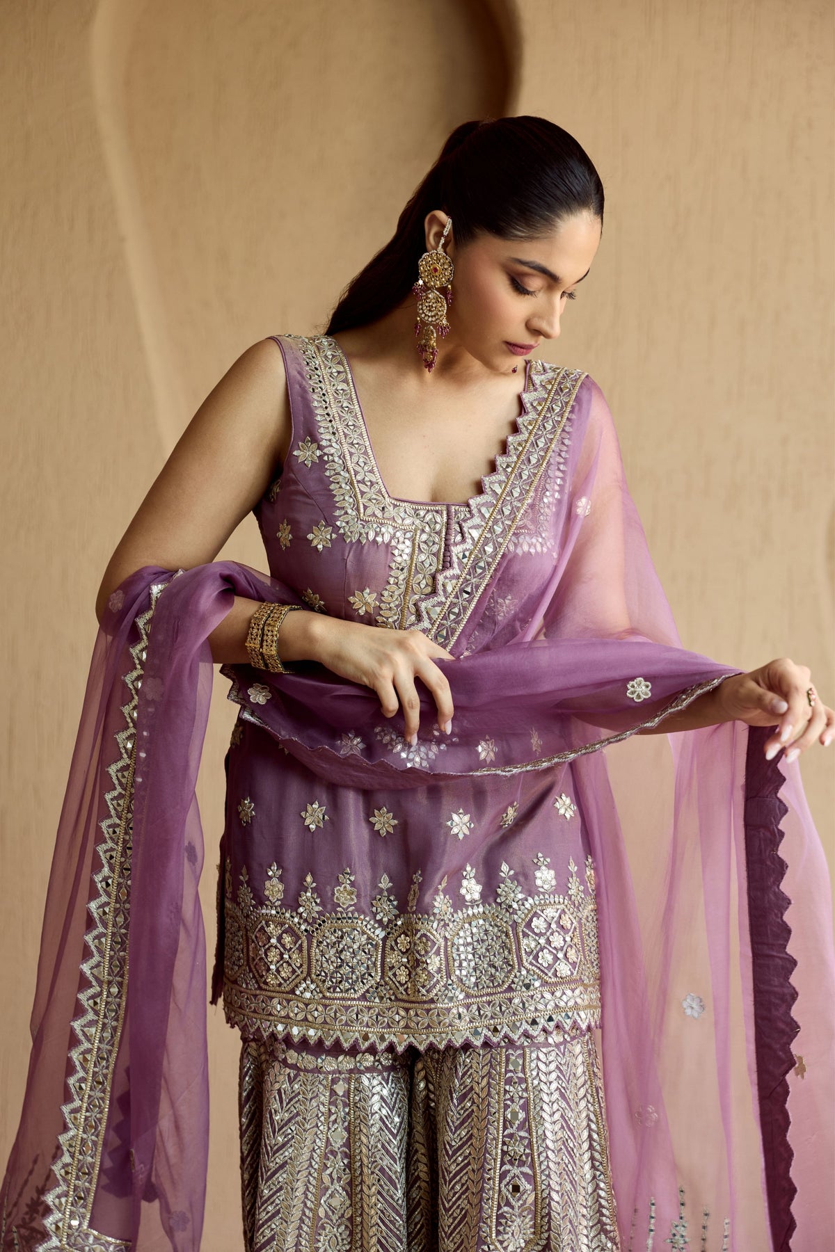 Purple Tissue Kurta Garara Set