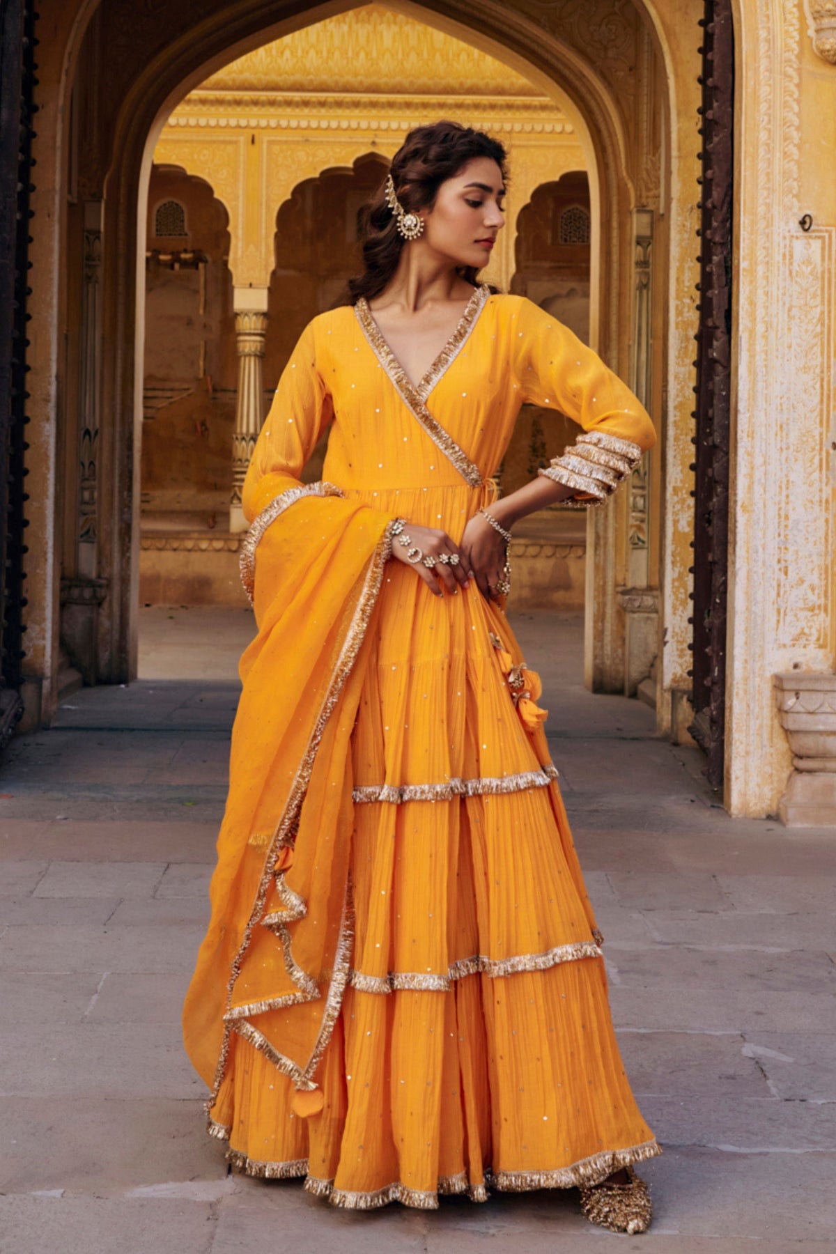 Saffron Tiered Angrakha Set