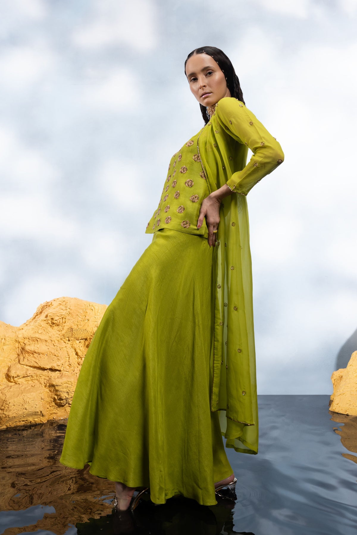 Lime Green Long Jacket Set