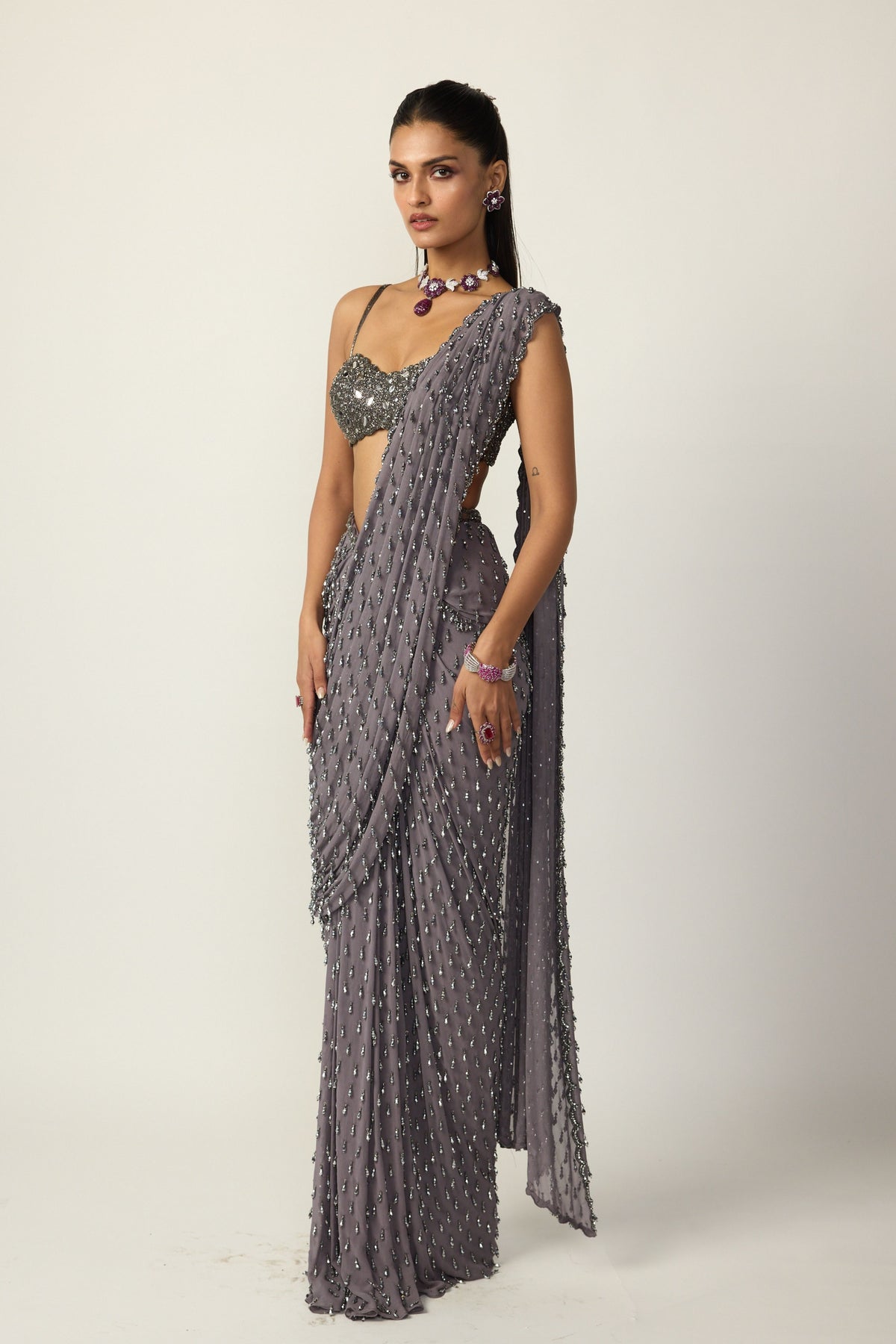 Metallic Grey Draped Saree Set
