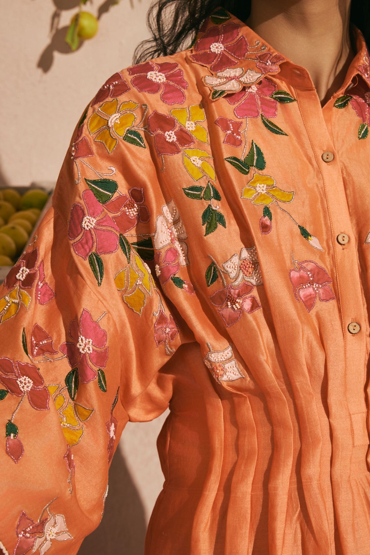 Orange Bougainvillea Pleated Dress