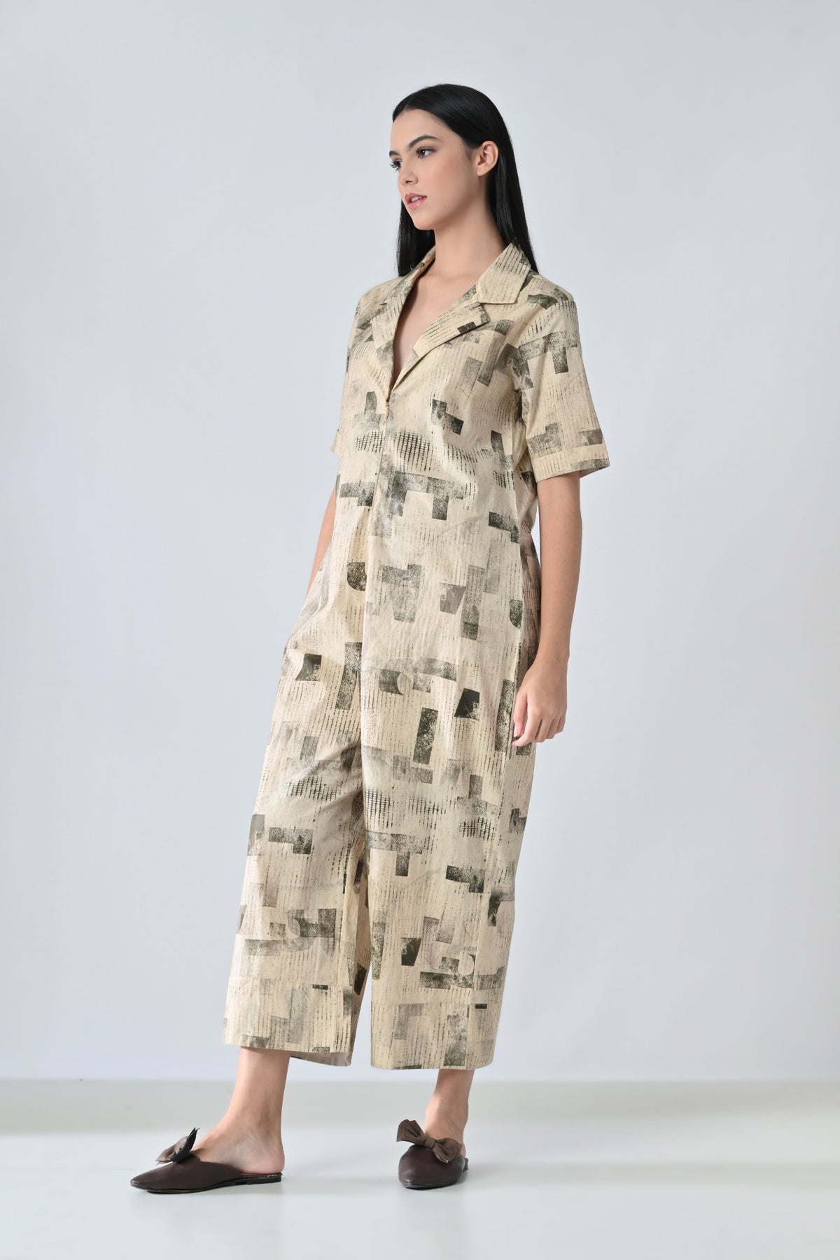 Beige Printed Relaxed Fit Jumpsuit