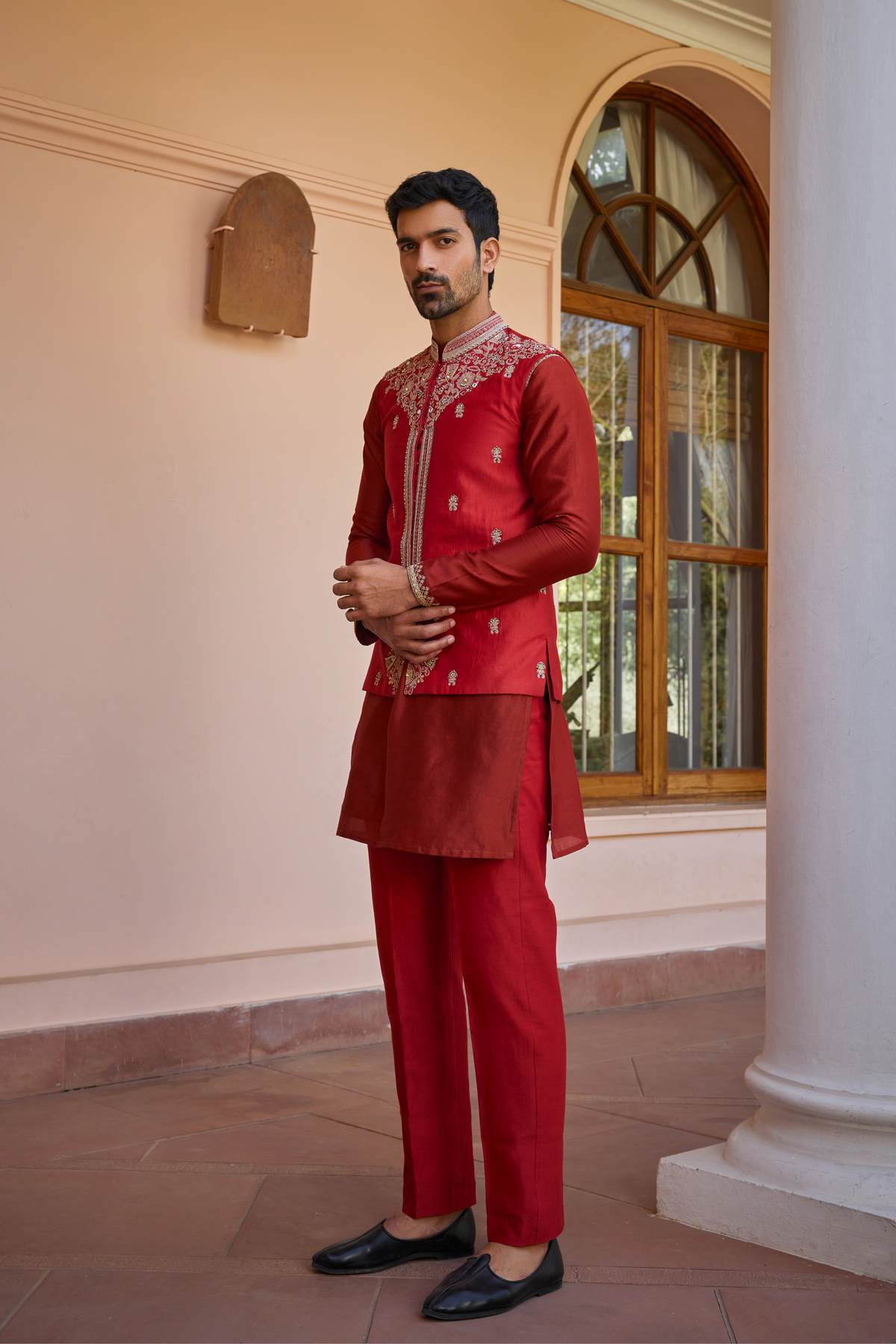 Red hand embroidered bundi jacket set