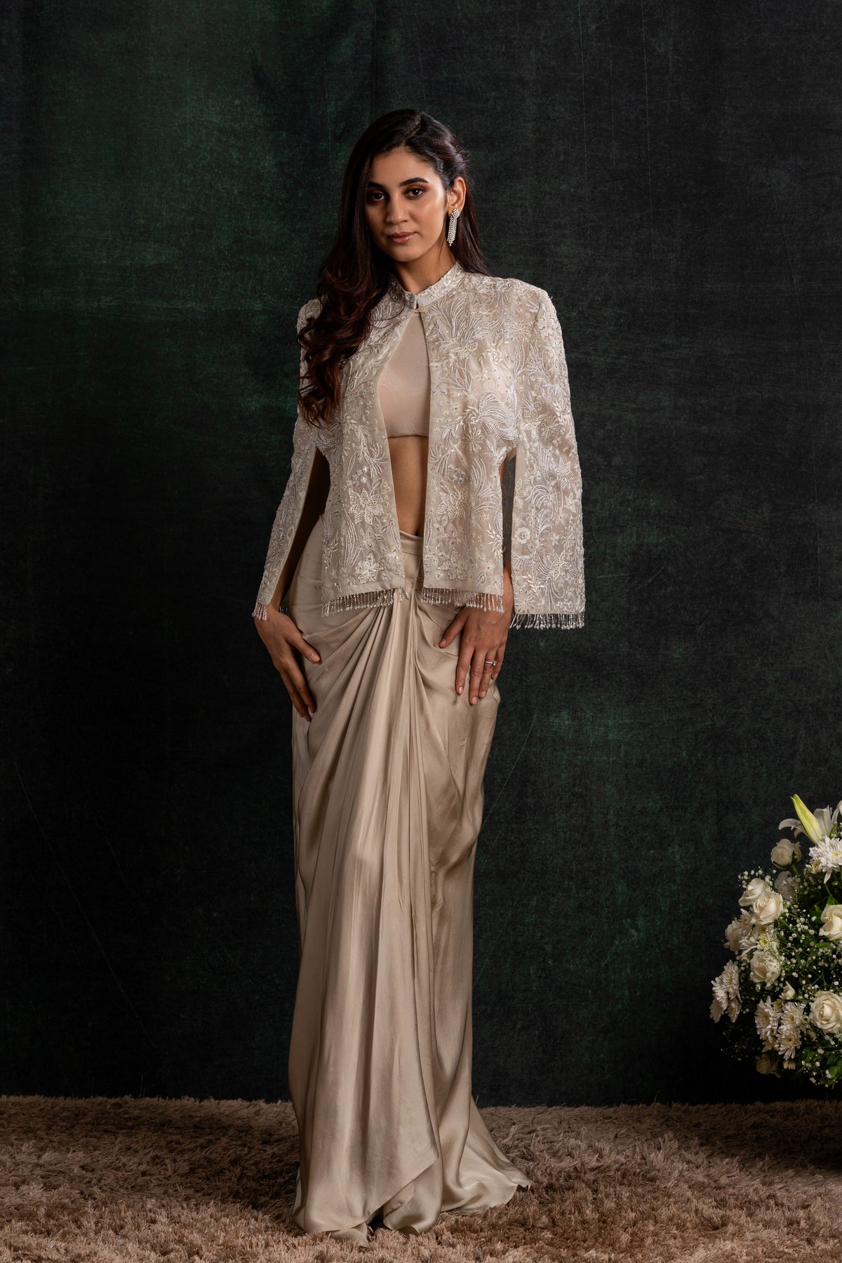 Beige Cape Set With Skirt