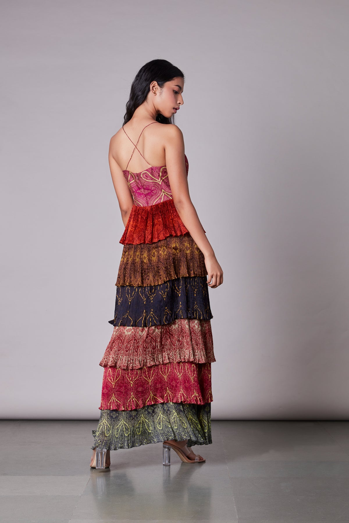 Multi printed six tier maxi dress