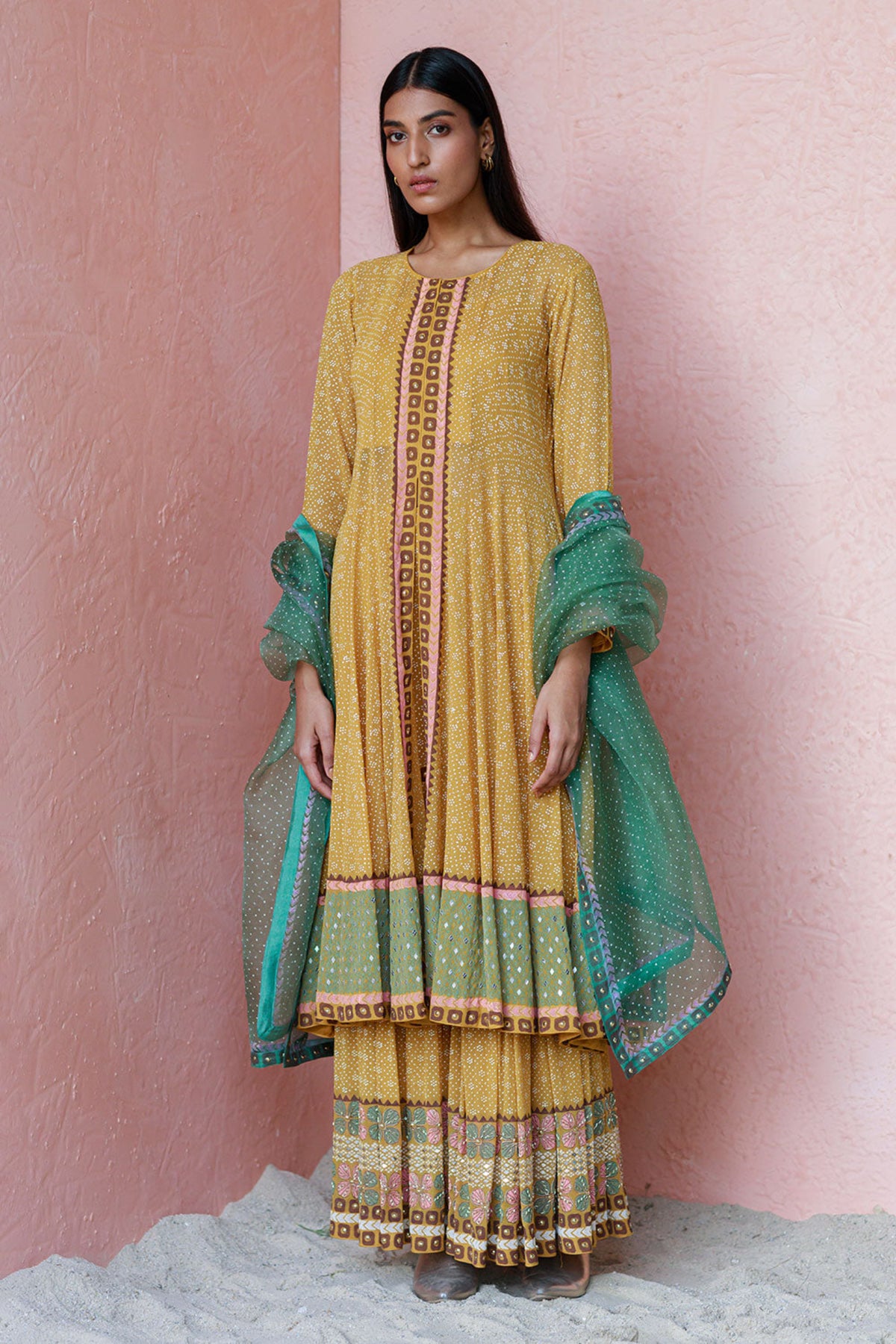 Ochre pinar anarkali sharara set