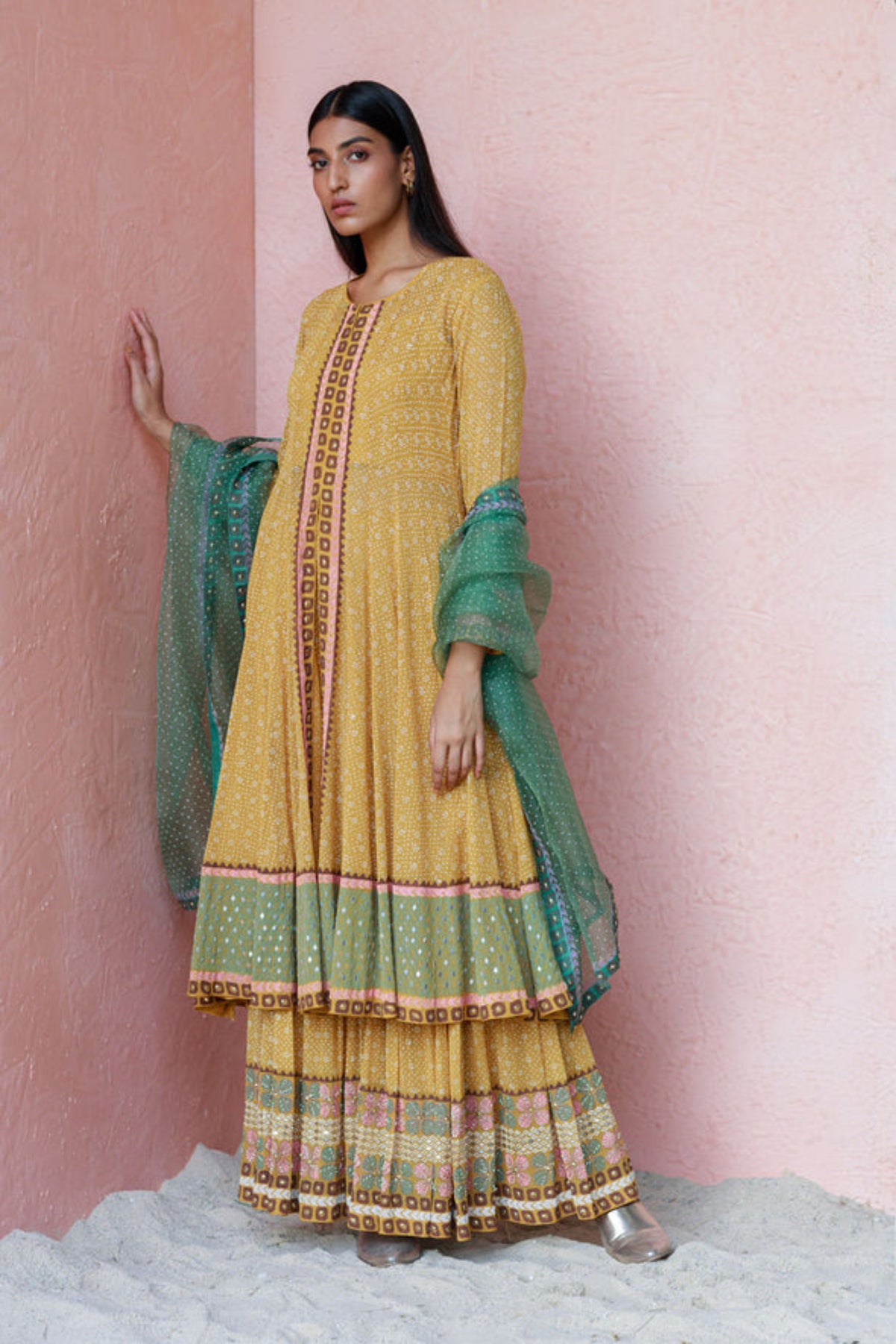 Ochre pinar anarkali sharara set