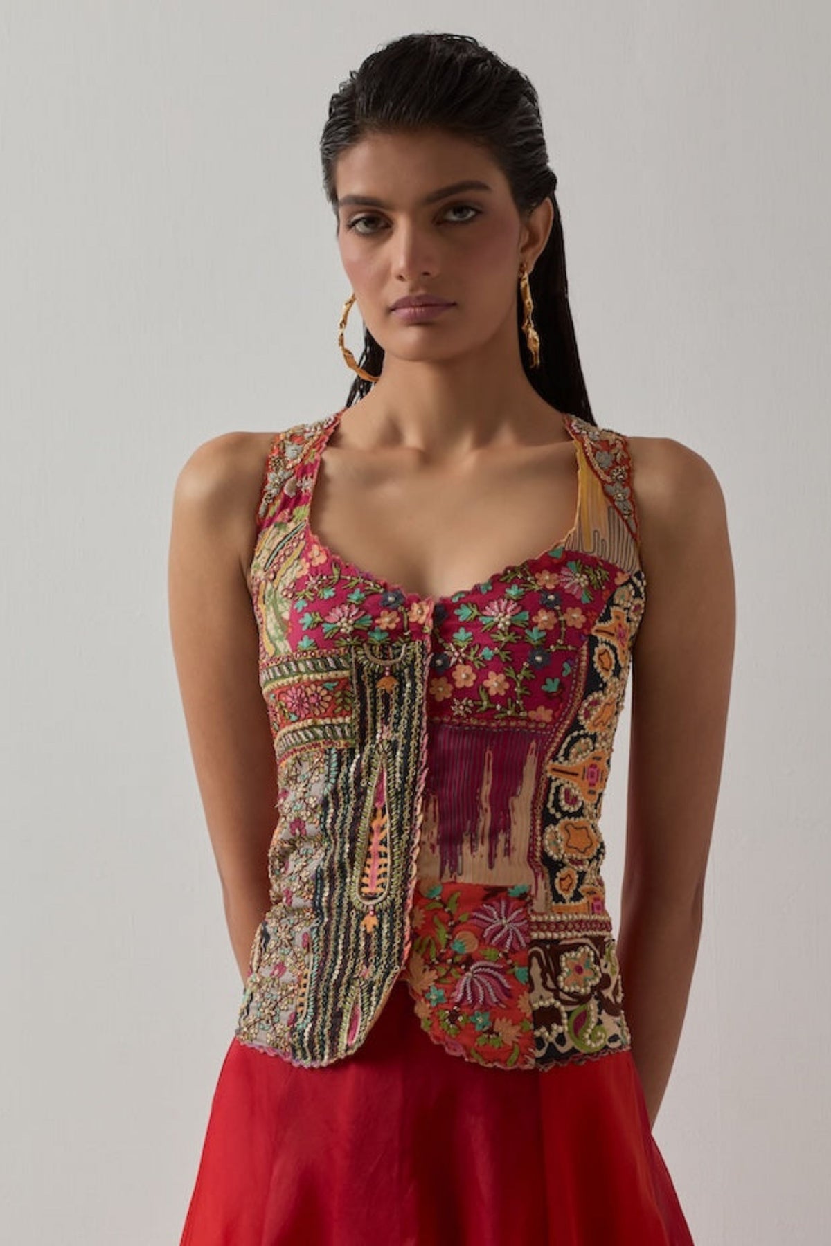 Multi Corset and Red Skirt