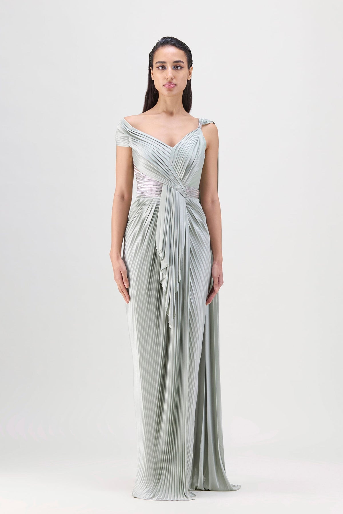 Sage Structured Plisse Saree