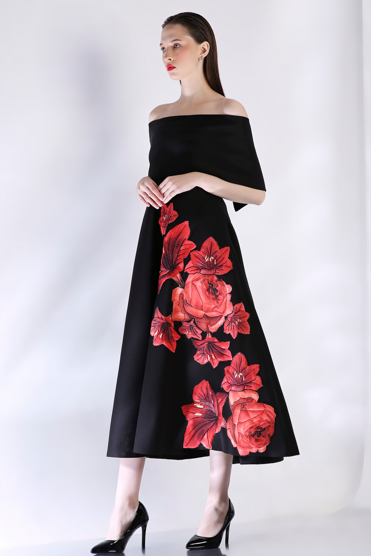 Black Strapless Embroidered Dress