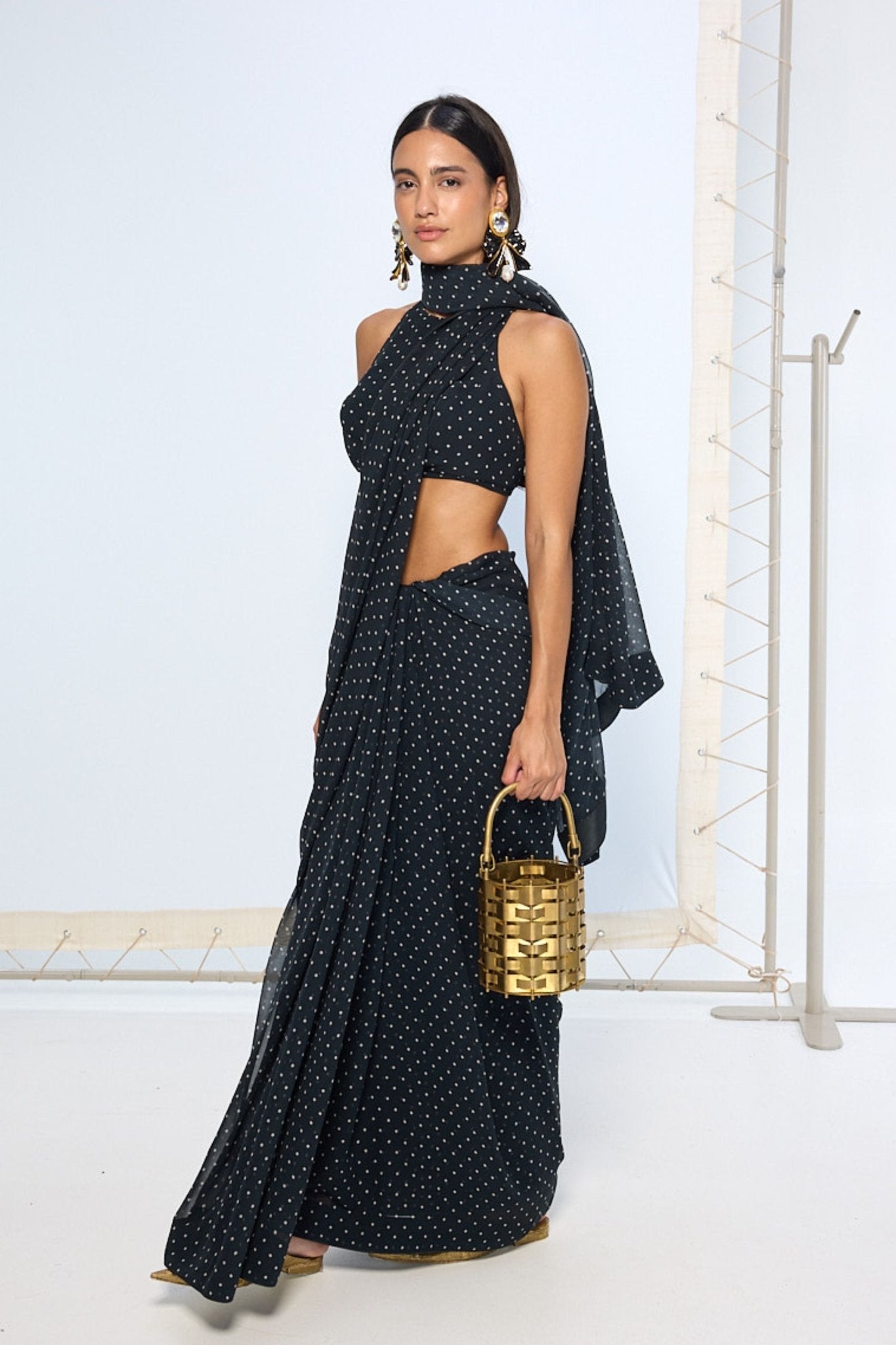 Noir Polka Dotted Saree - Ekaya - Elahe
