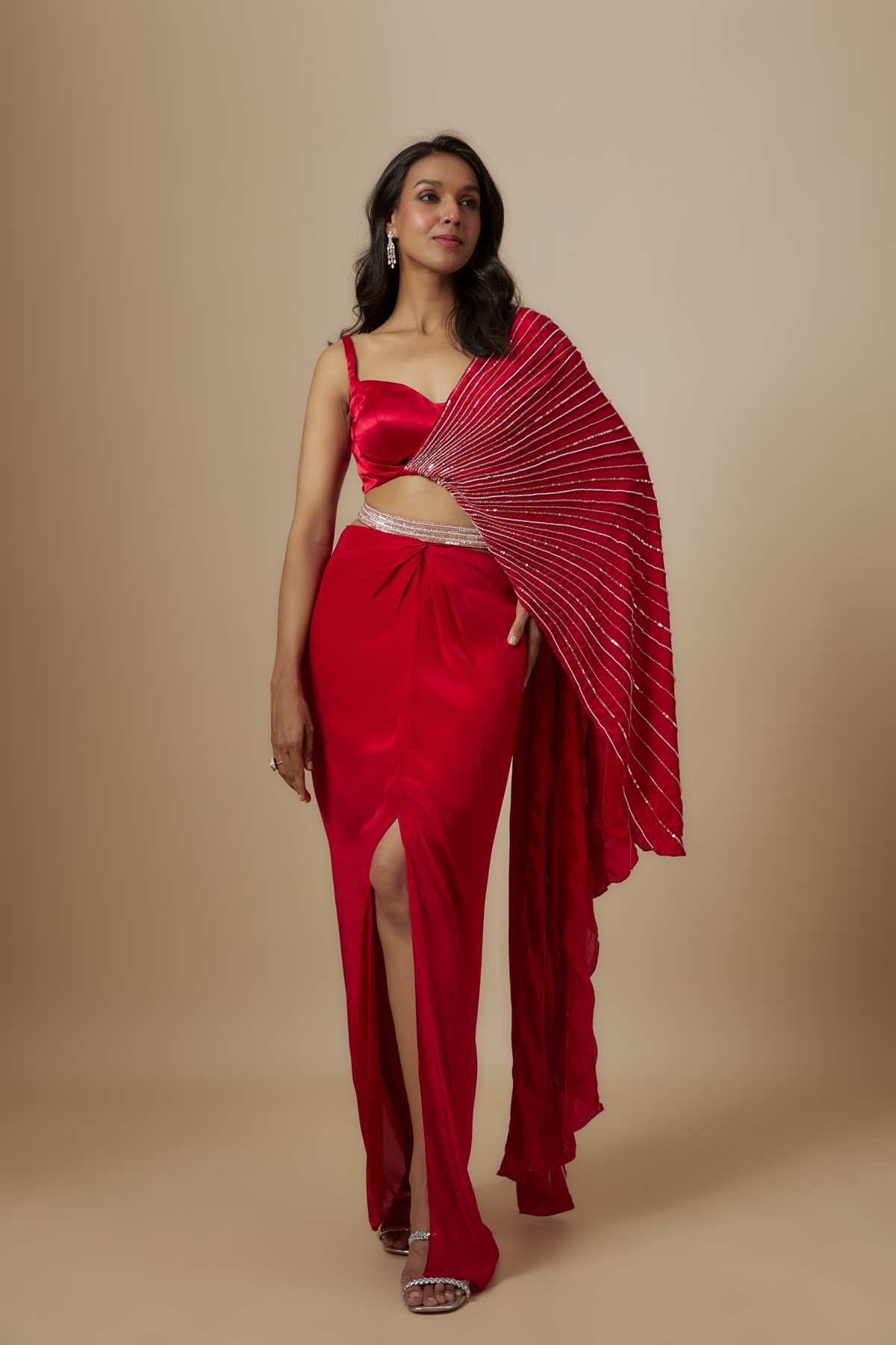 Red Skirt With Drape Blouse