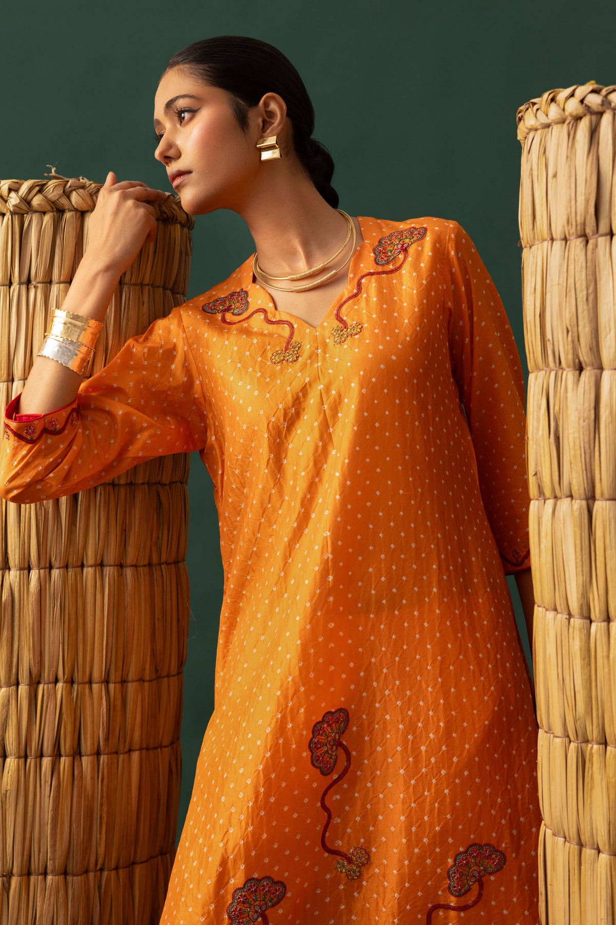 Orange Bandhani Aari Kurta Set