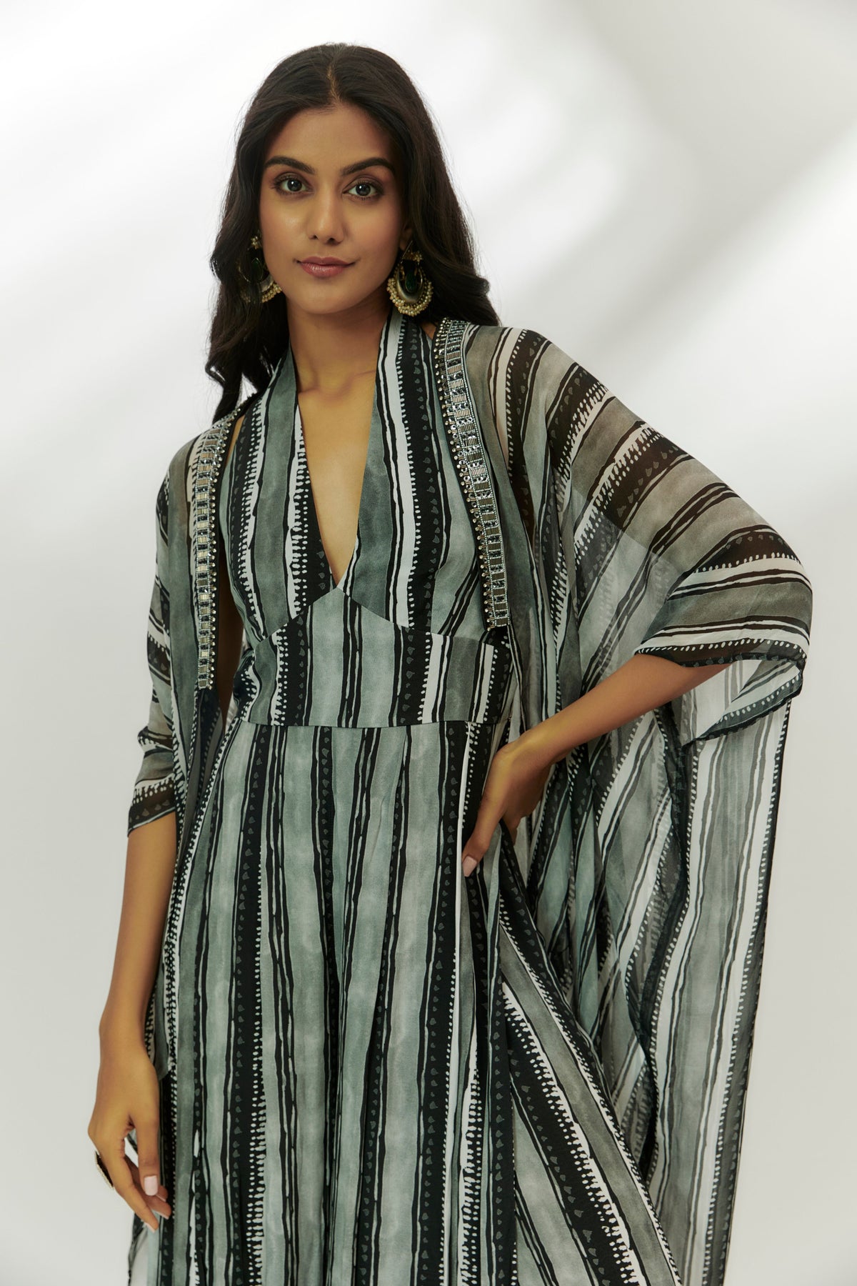 Black Stripes Printed Jumpsuit With Cape