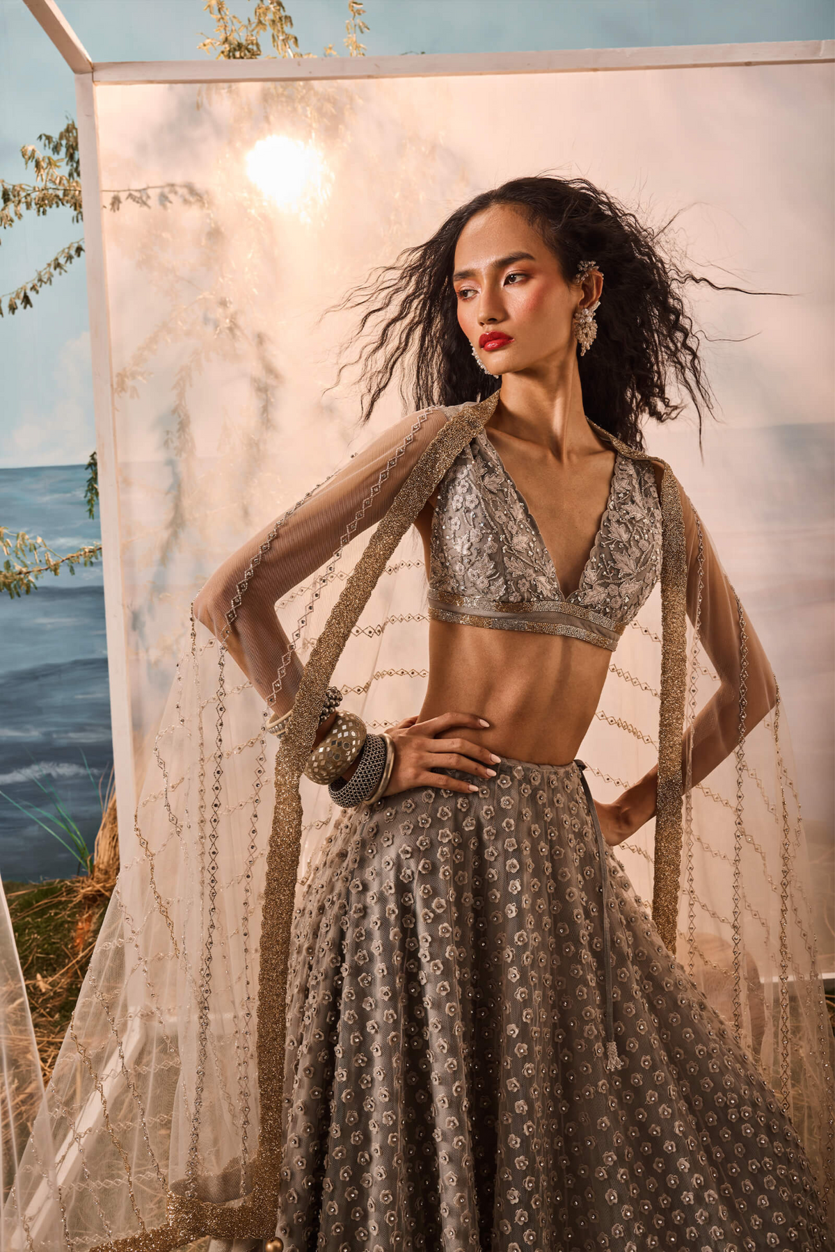 Grey 3d Flower Lehenga Set