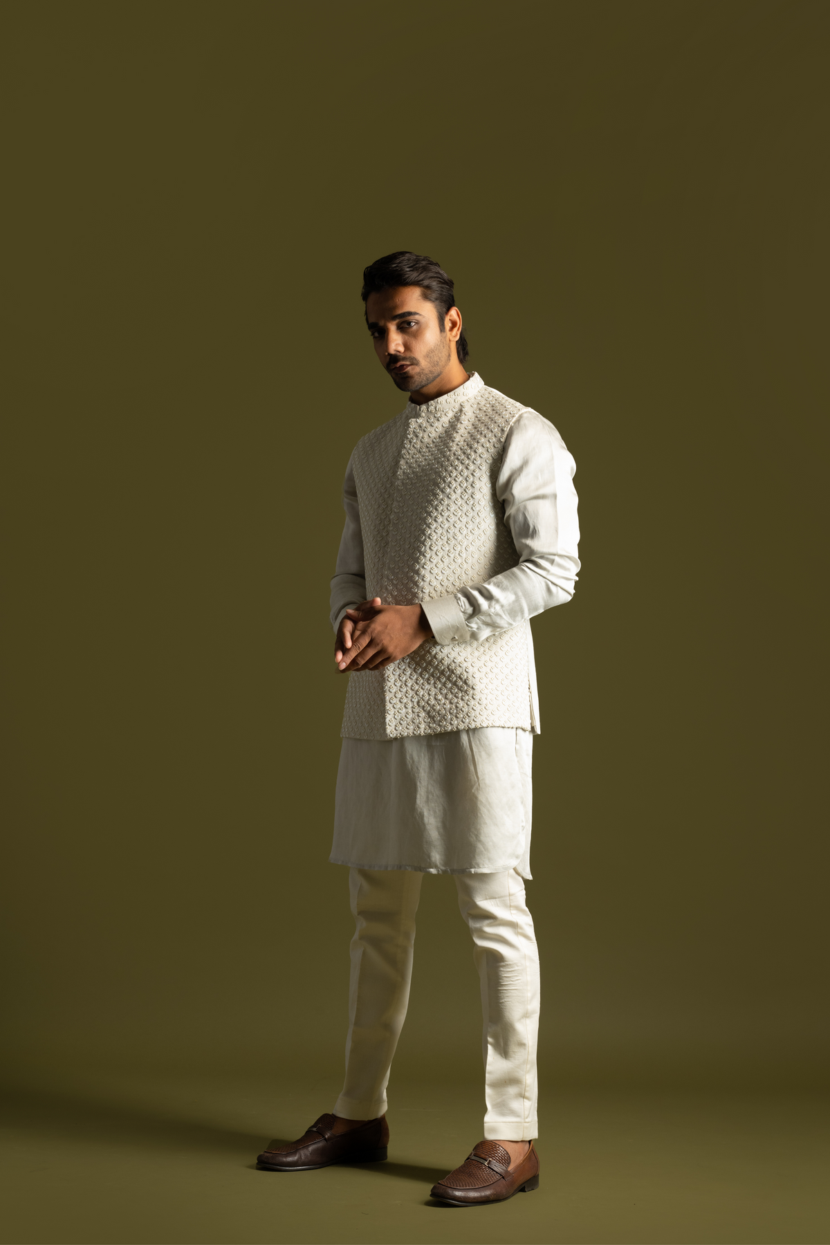 Grey Linen Satin Kurta Set