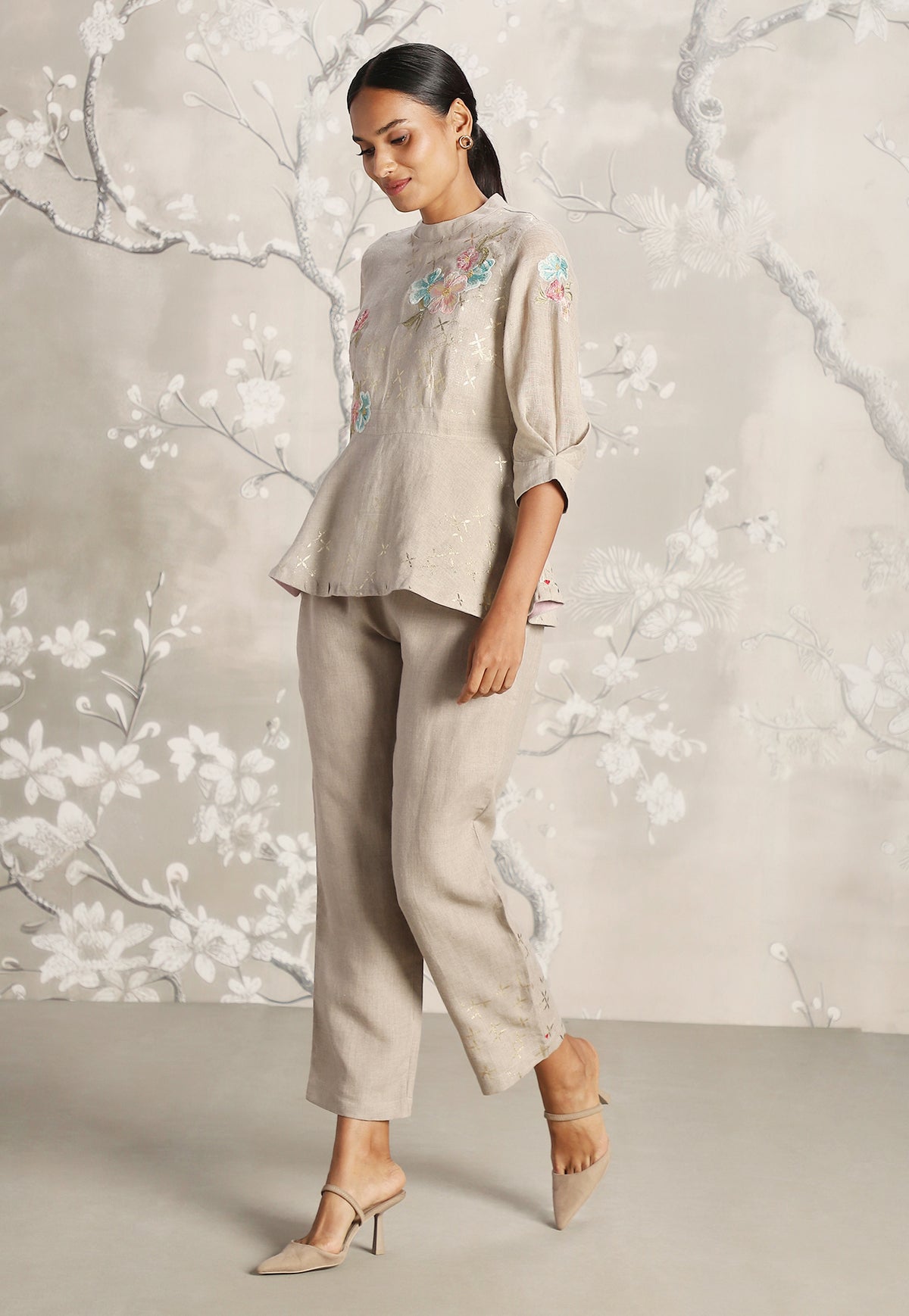 Natural Corsage Peplum Top and Pant Set