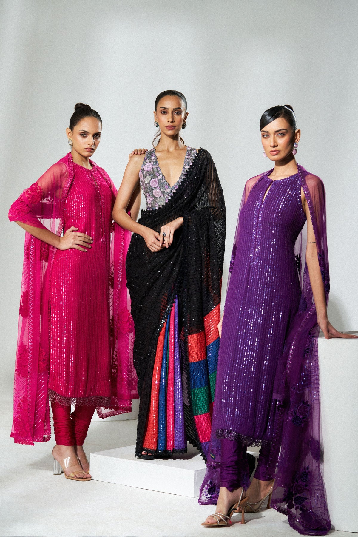Black Multicolour Saree Set