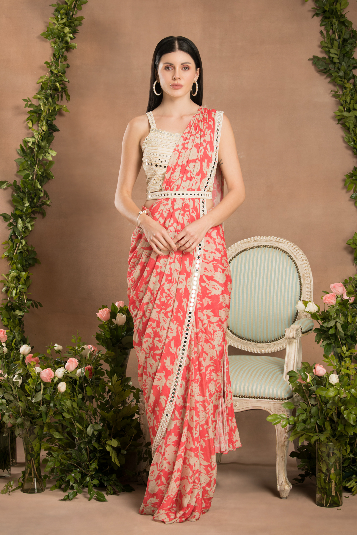 Pre Draped Peach Pink Saree