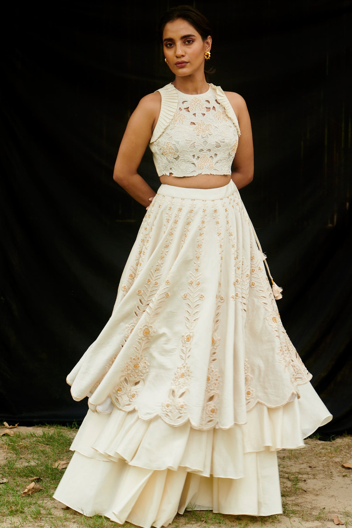 Ivory chanderi cutwork layered lehenga