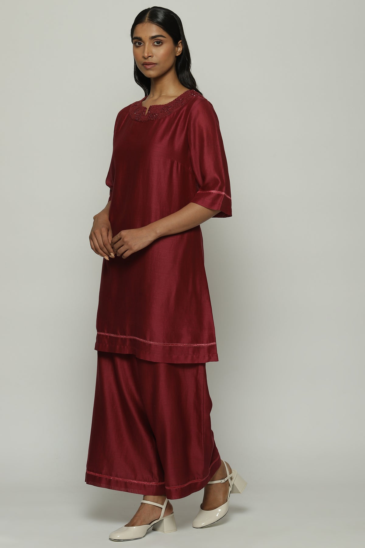 French Knot Neck Wine Kurta