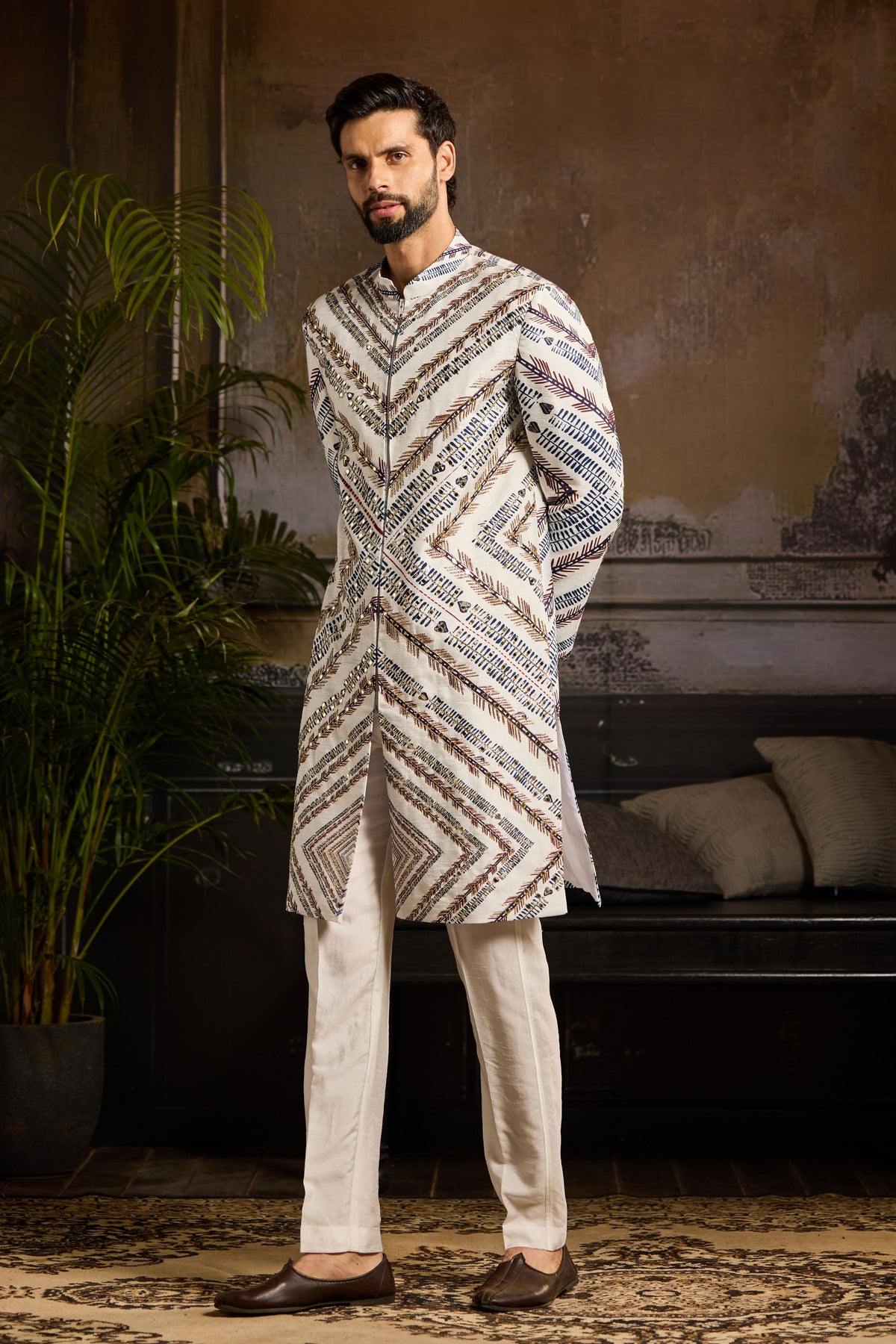White Chevron Print Jacket Set
